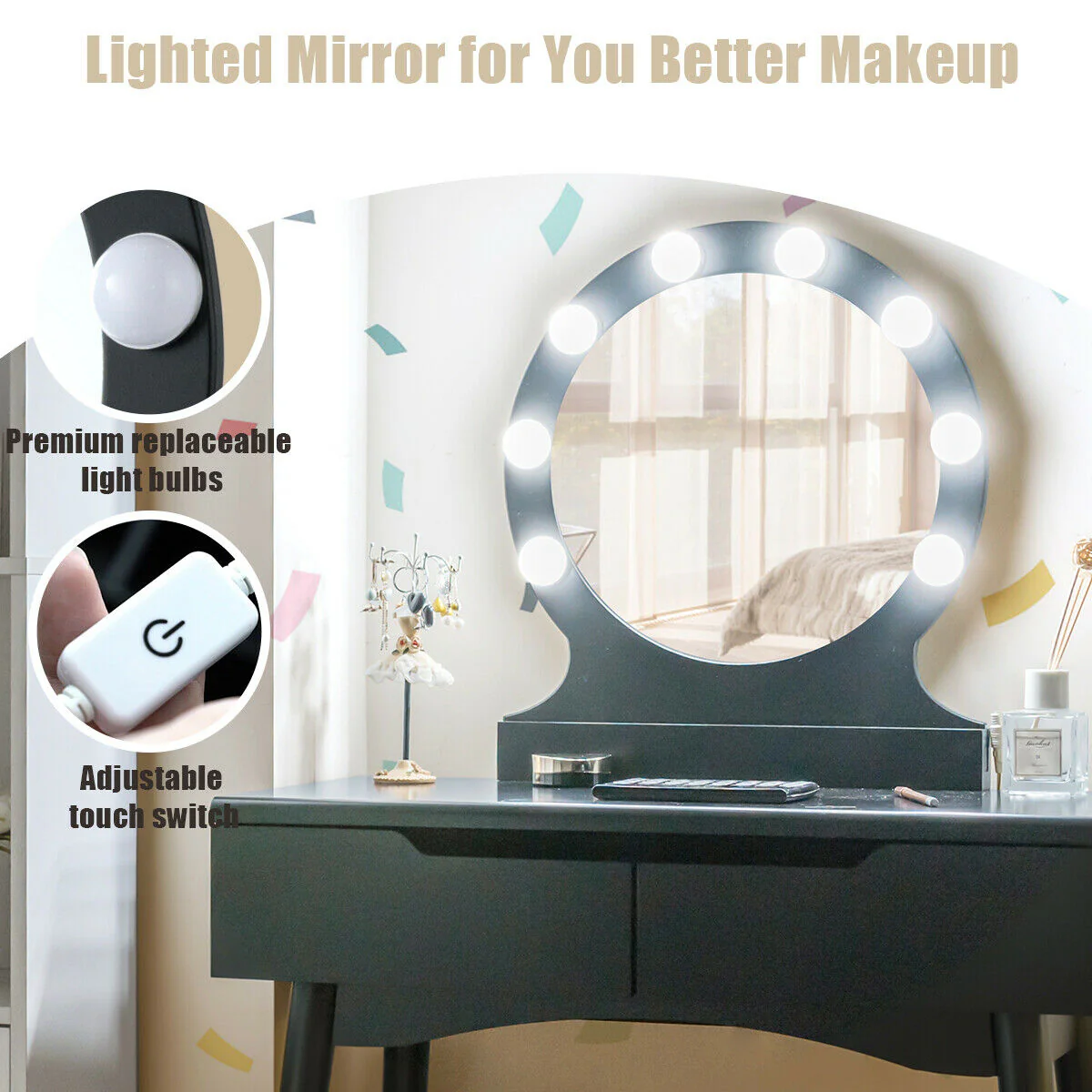 Vanity Makeup Dressing Set Lighted Mirror Touch Switch, Black - Image 9