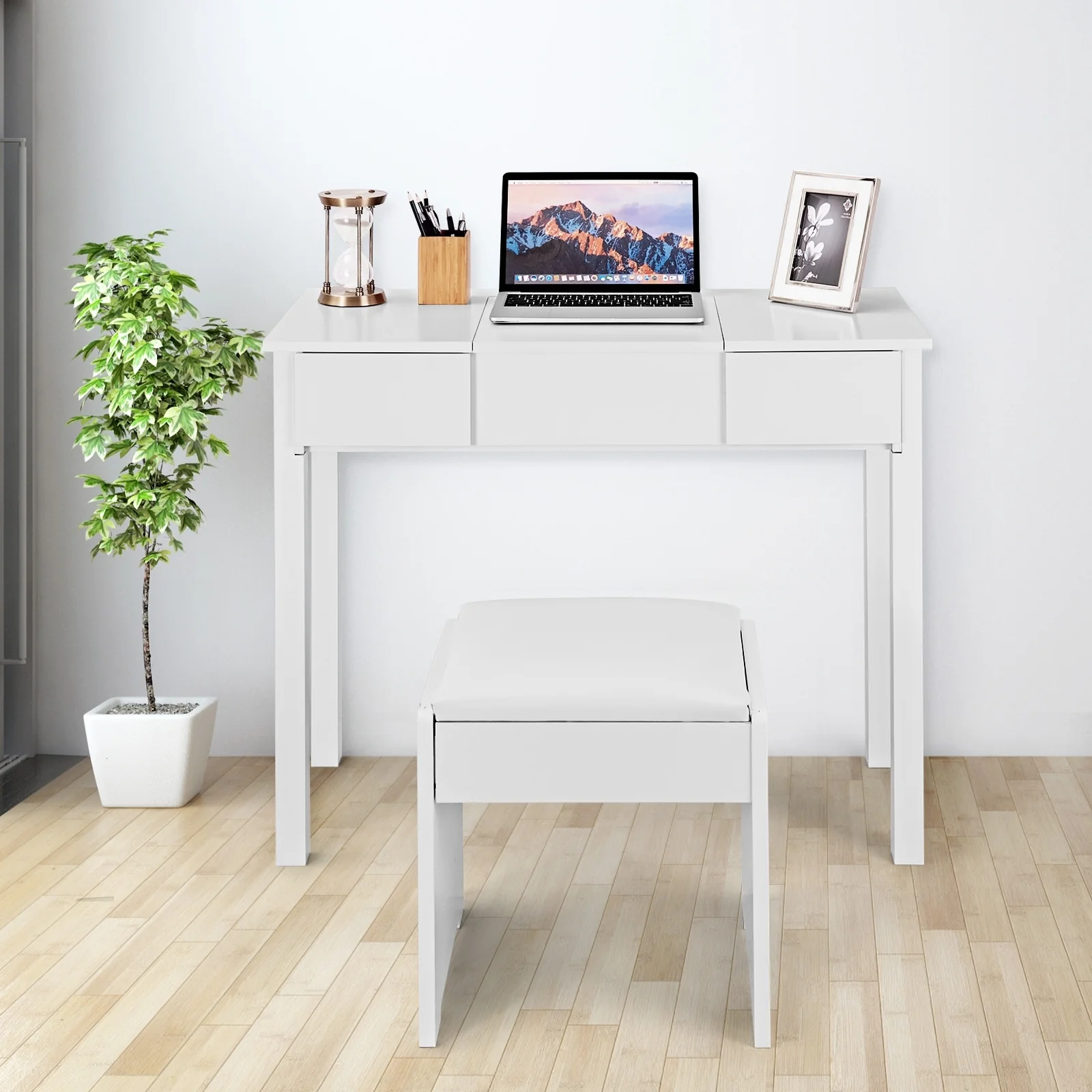 Vanity Makeup Dressing Table Set, Flip Top Mirror, Cushioned Stool, White - Image 2
