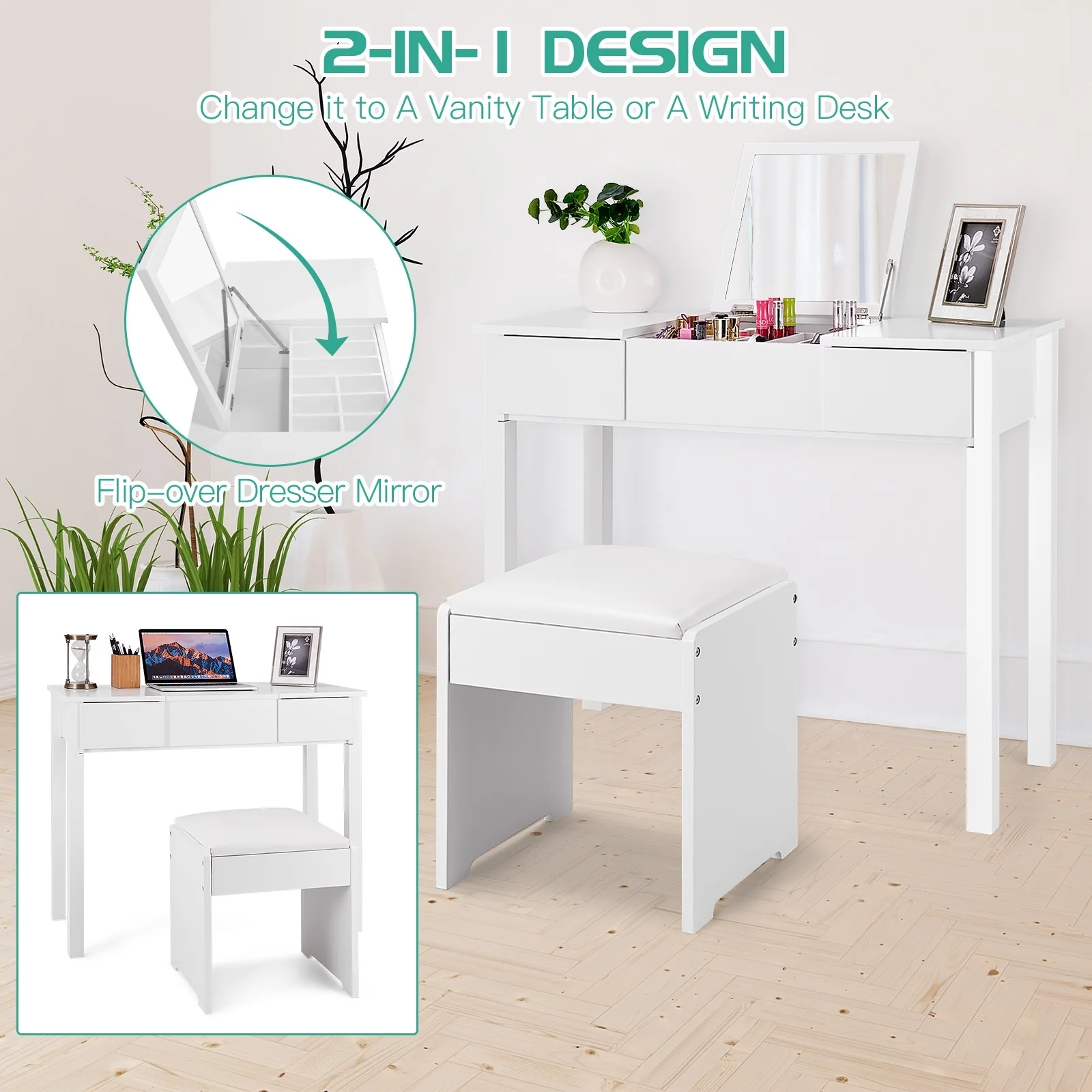 Vanity Makeup Dressing Table Set, Flip Top Mirror, Cushioned Stool, White - Image 3