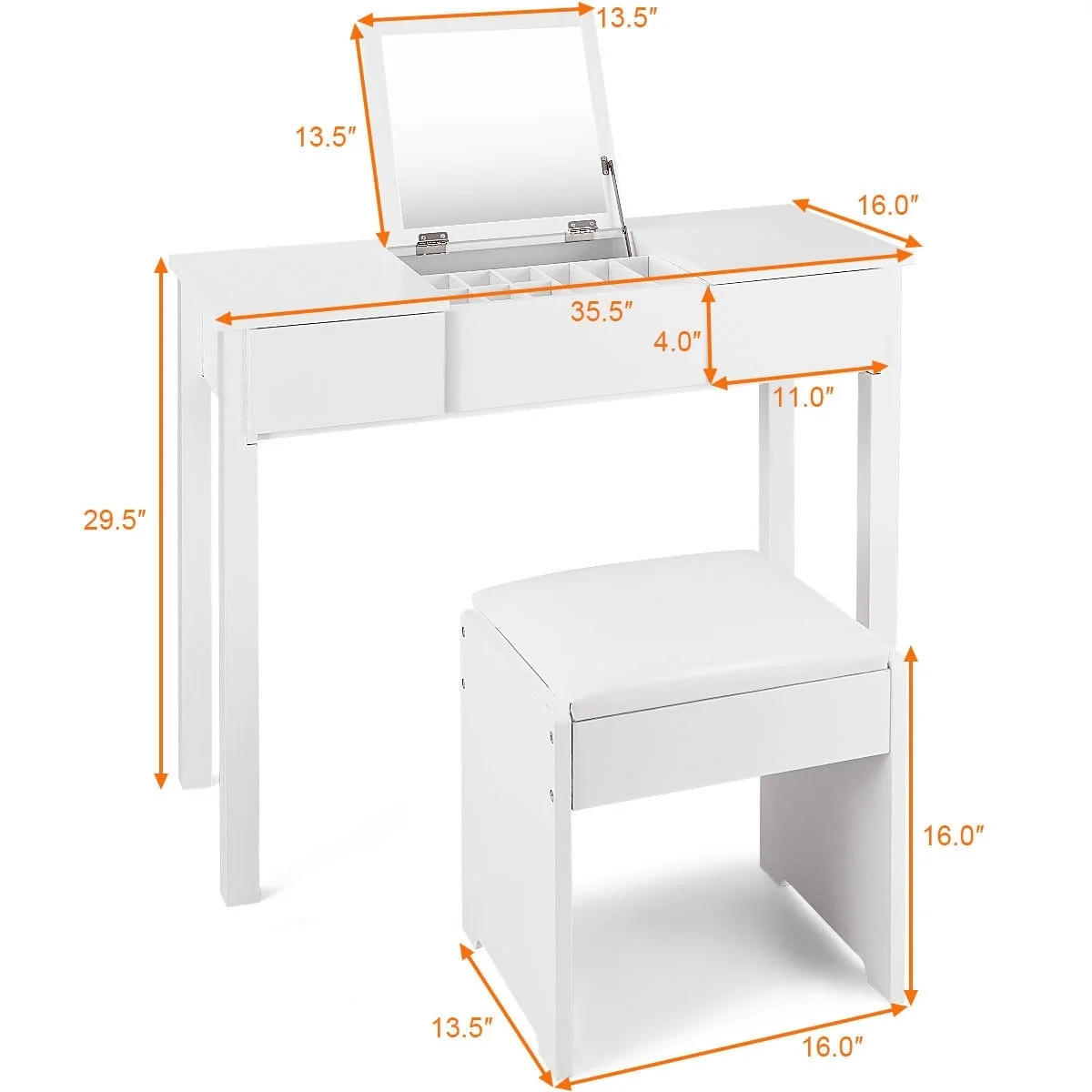 Vanity Makeup Dressing Table Set, Flip Top Mirror, Cushioned Stool, White - Image 5