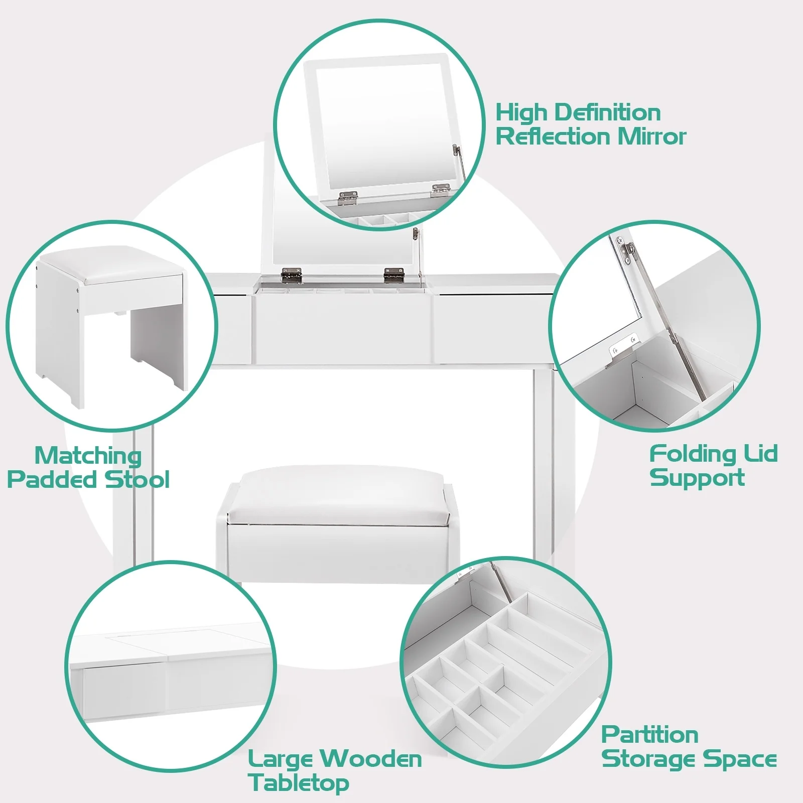 Vanity Makeup Dressing Table Set, Flip Top Mirror, Cushioned Stool, White - Image 6