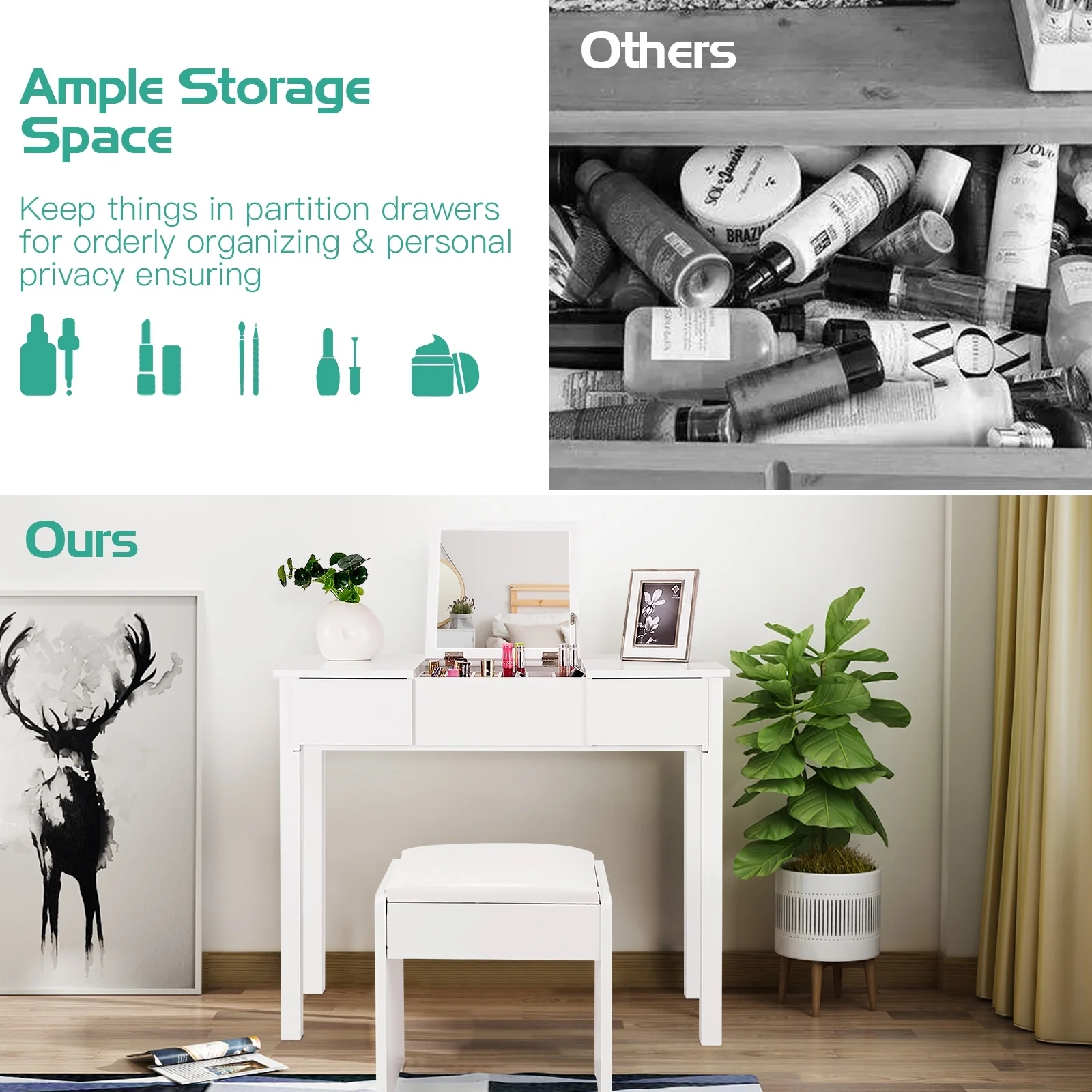 Vanity Makeup Dressing Table Set, Flip Top Mirror, Cushioned Stool, White - Image 8