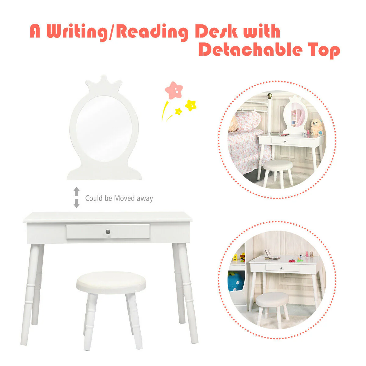 Vanity Makeup Table And Chair Set, White - Image 3