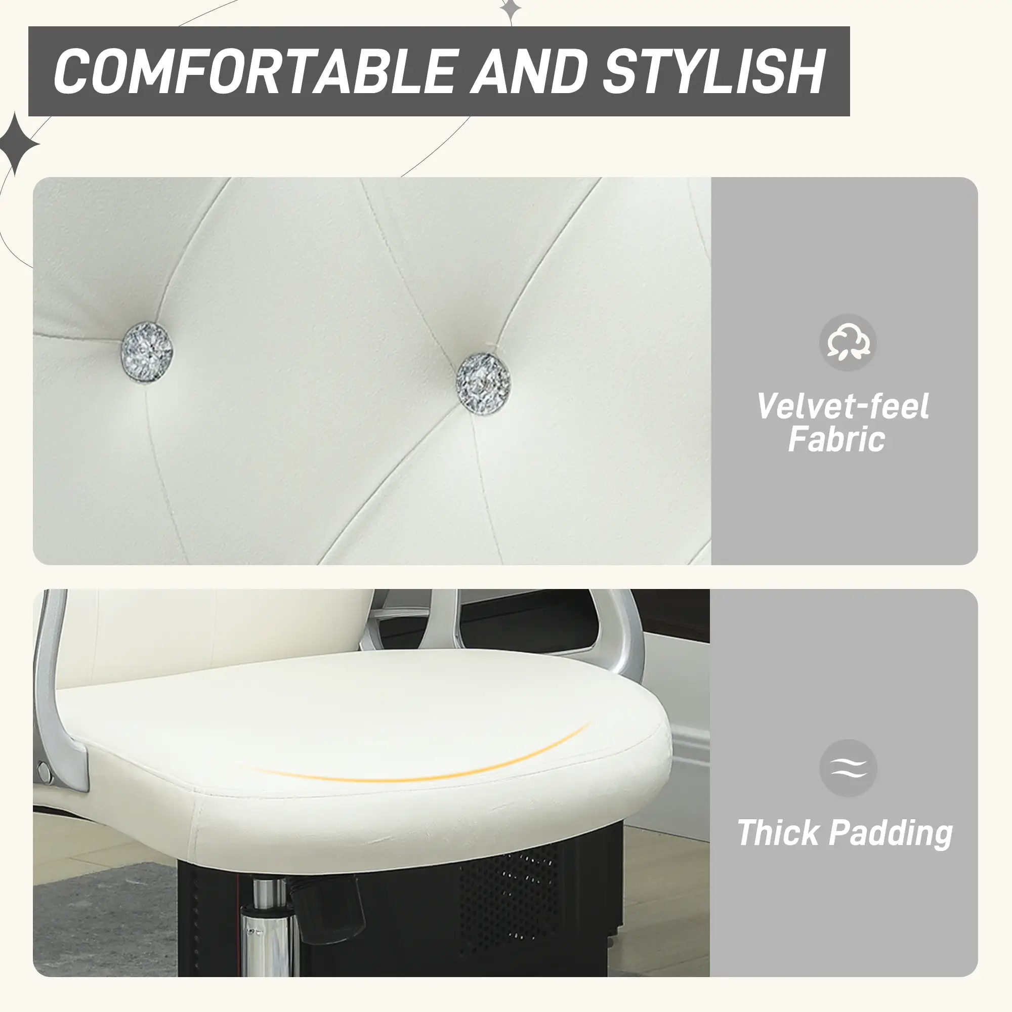 Vanity Office Chair, Velvet Computer Desk Chair with Swivel Wheels, Adjustable Height, Tilt Function, Off-White - Image 4
