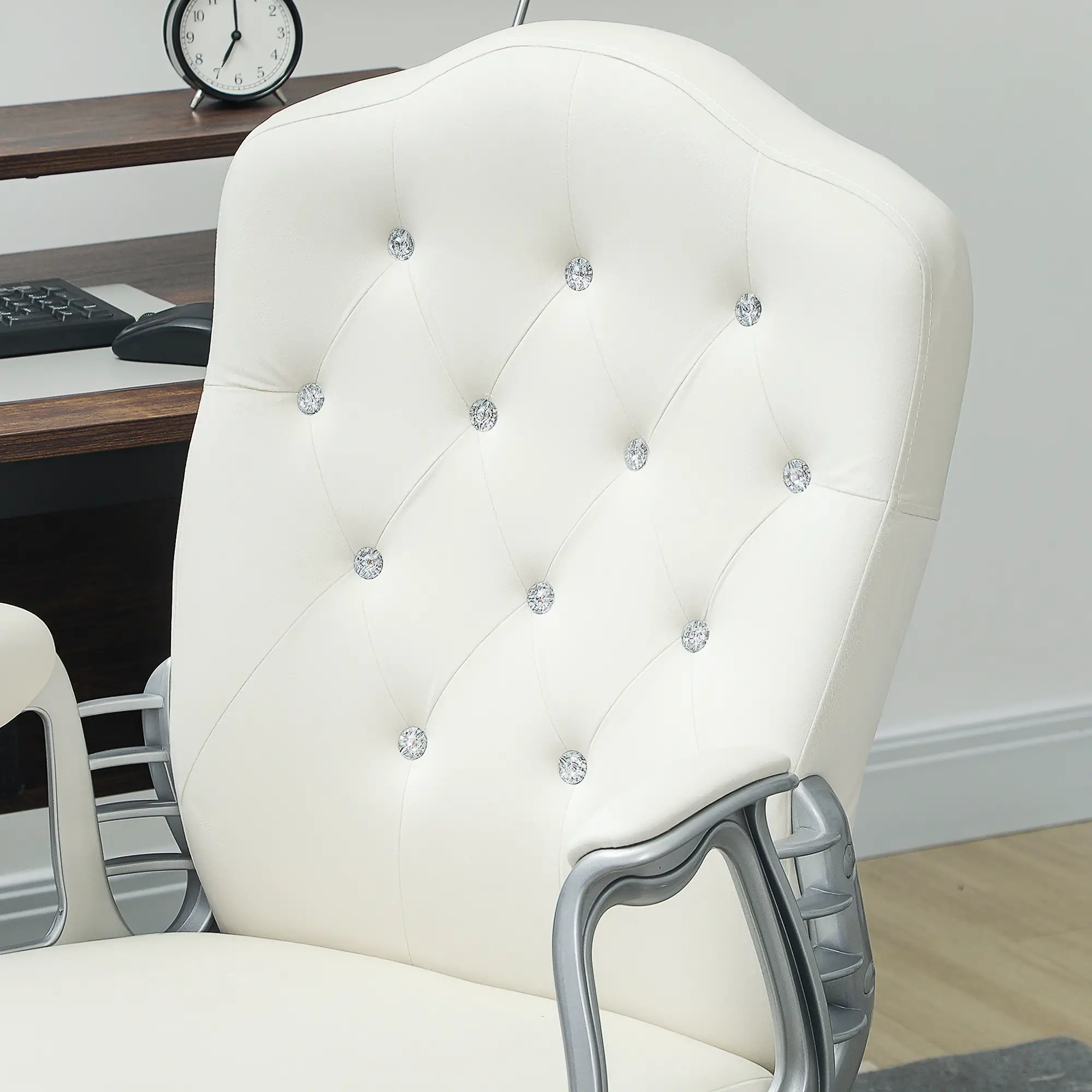 Vanity Office Chair, Velvet Computer Desk Chair with Swivel Wheels, Adjustable Height, Tilt Function, Off-White - Image 9