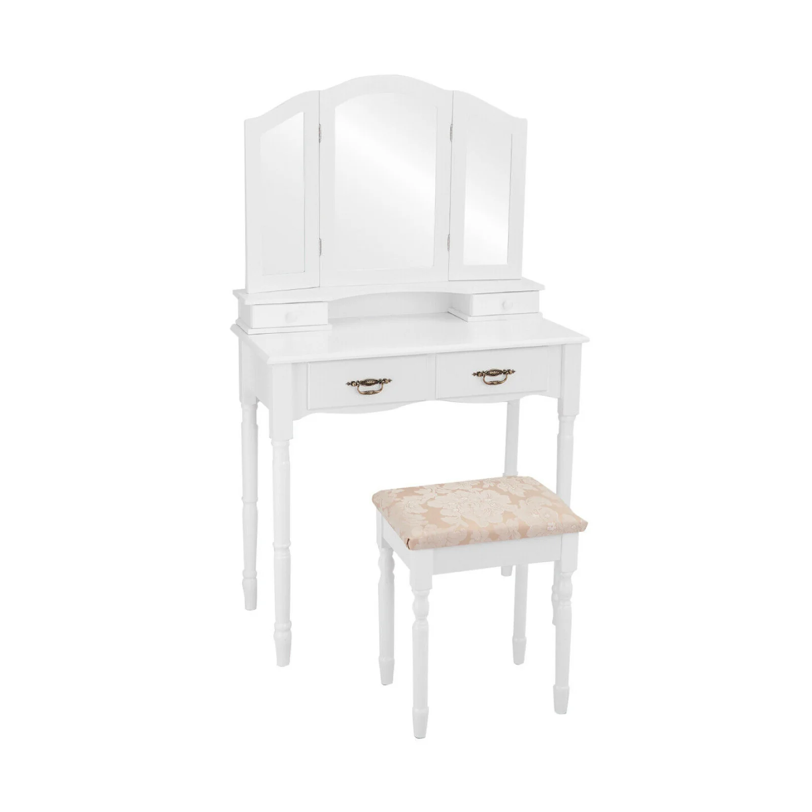 Vanity Set With Tri-Folding Mirror, Drawers, Storage Shelf, White - Image 4