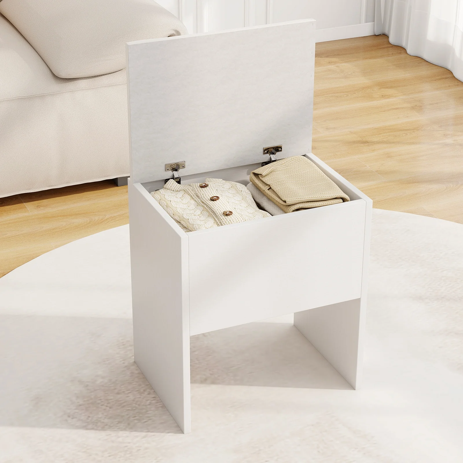 Vanity Stool With Flip Top Storage, Soft Padded Seat, White - Image 2