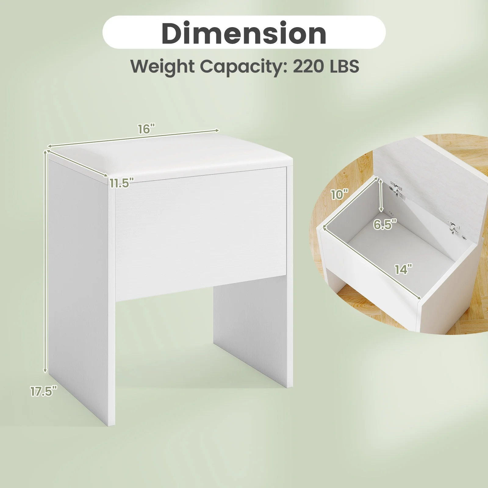 Vanity Stool With Flip Top Storage, Soft Padded Seat, White - Image 6