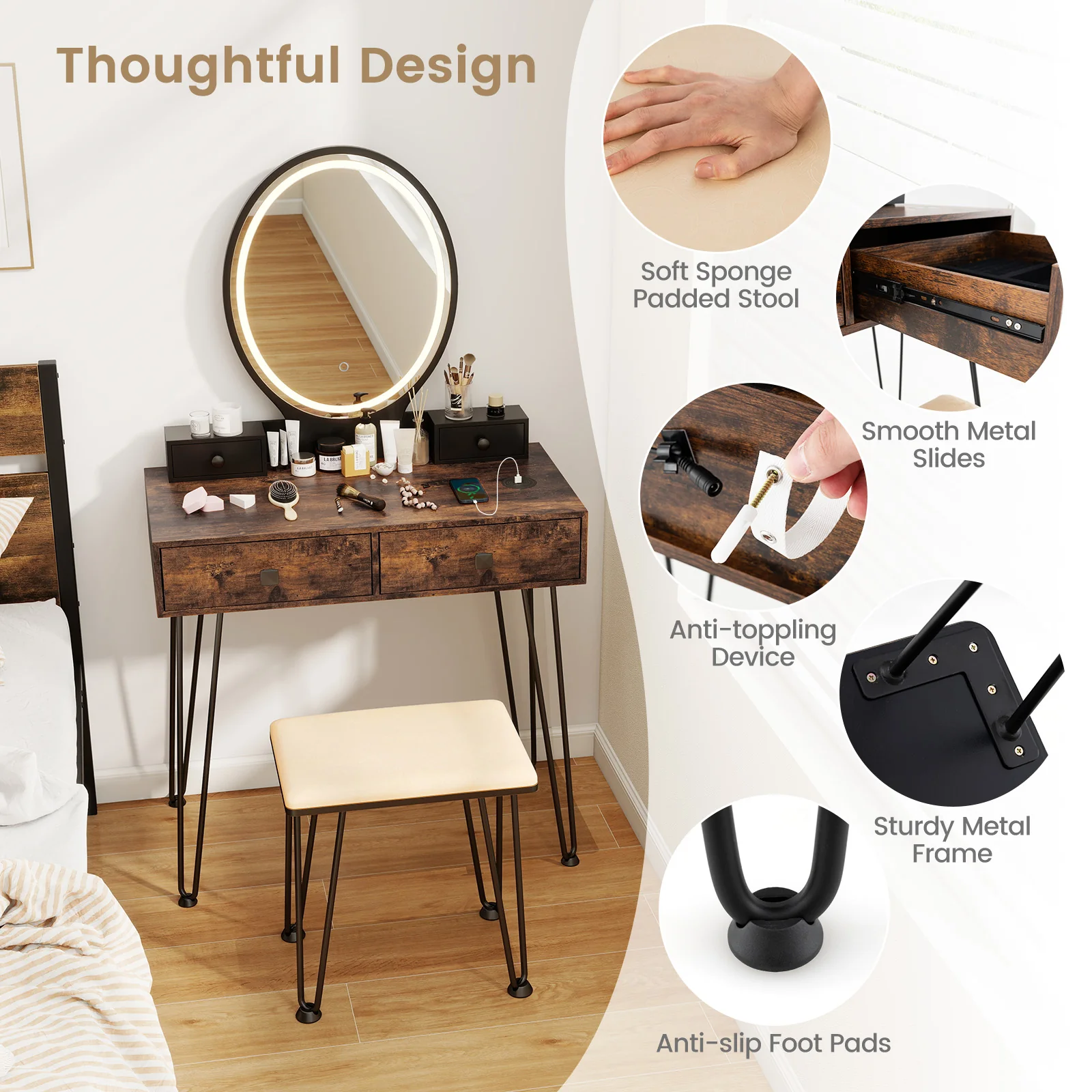 Vanity Table Set With 3-Color Lighted Dimmable Mirror, Brown - Image 10