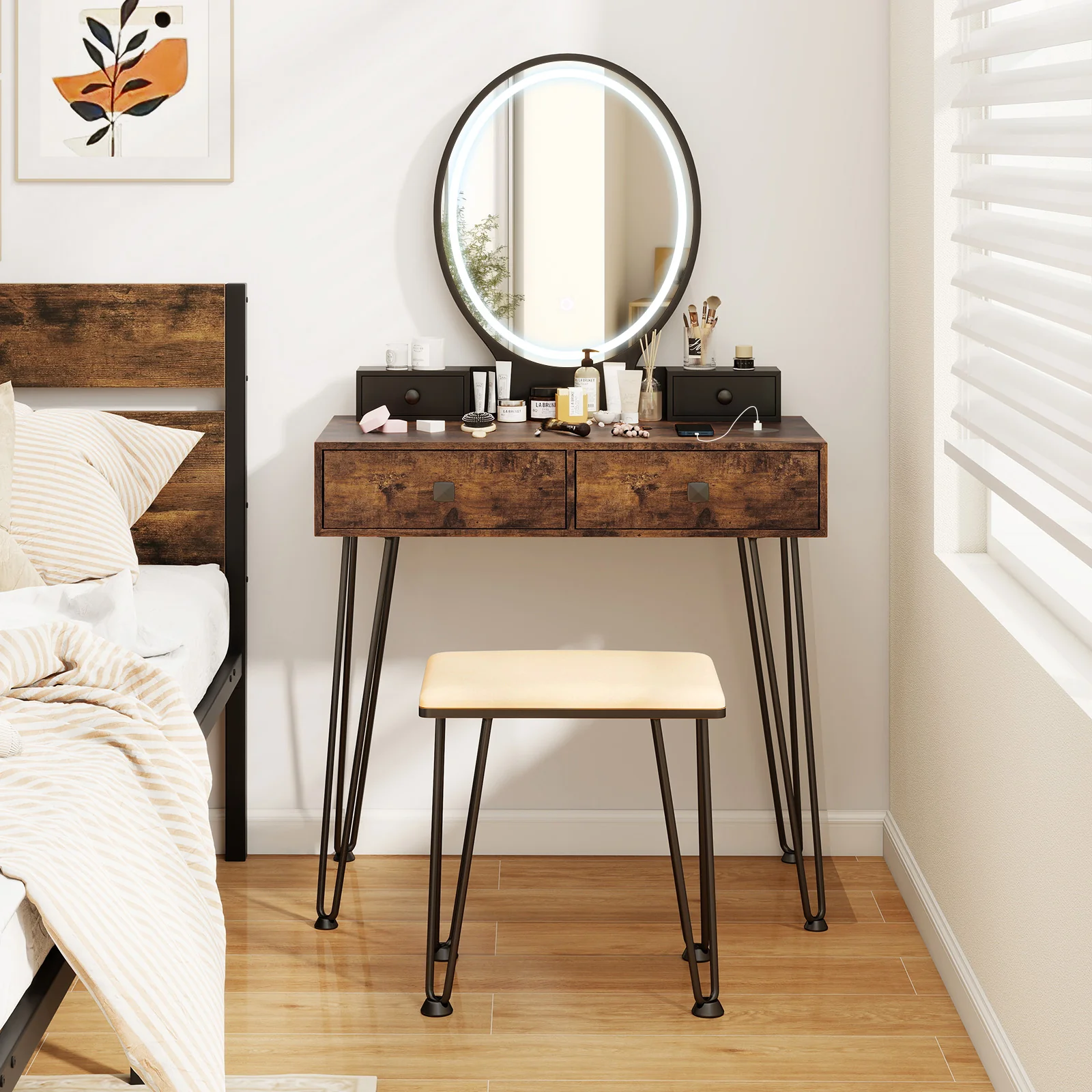 Vanity Table Set With 3-Color Lighted Dimmable Mirror, Brown - Image 3