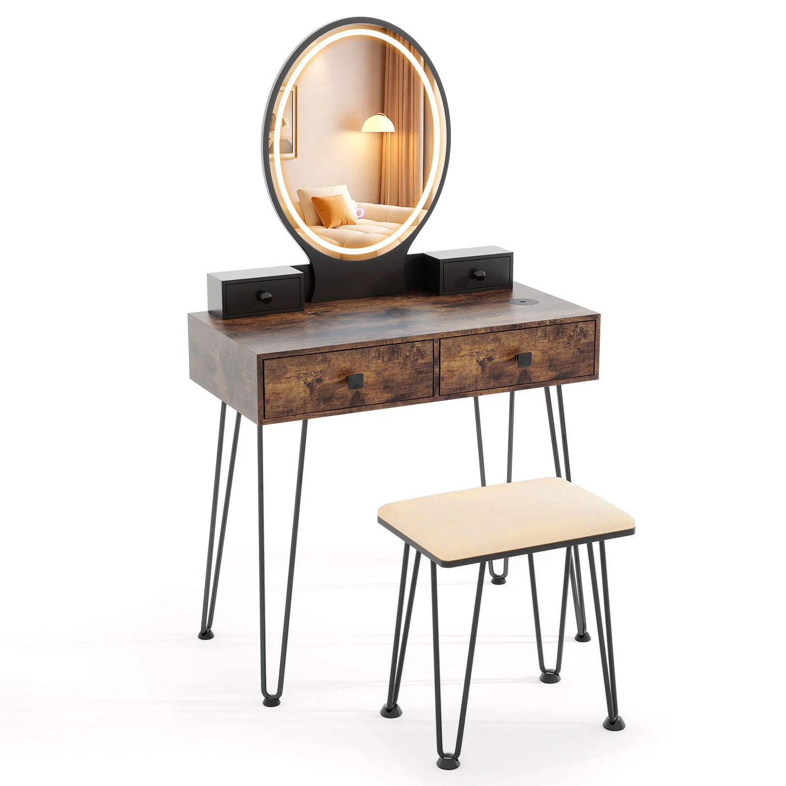 Vanity Table Set With 3-Color Lighted Dimmable Mirror, Brown - Image 4