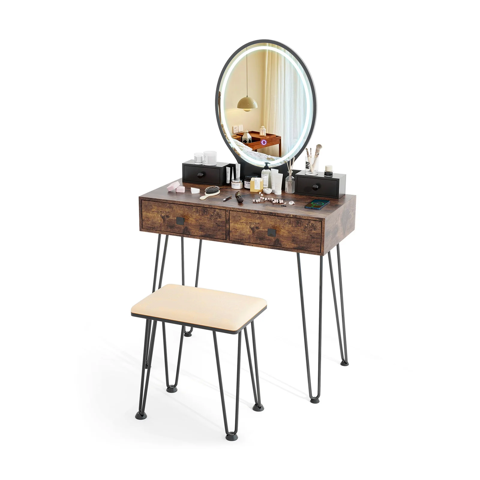 Vanity Table Set With 3-Color Lighted Dimmable Mirror, Brown - Image 5