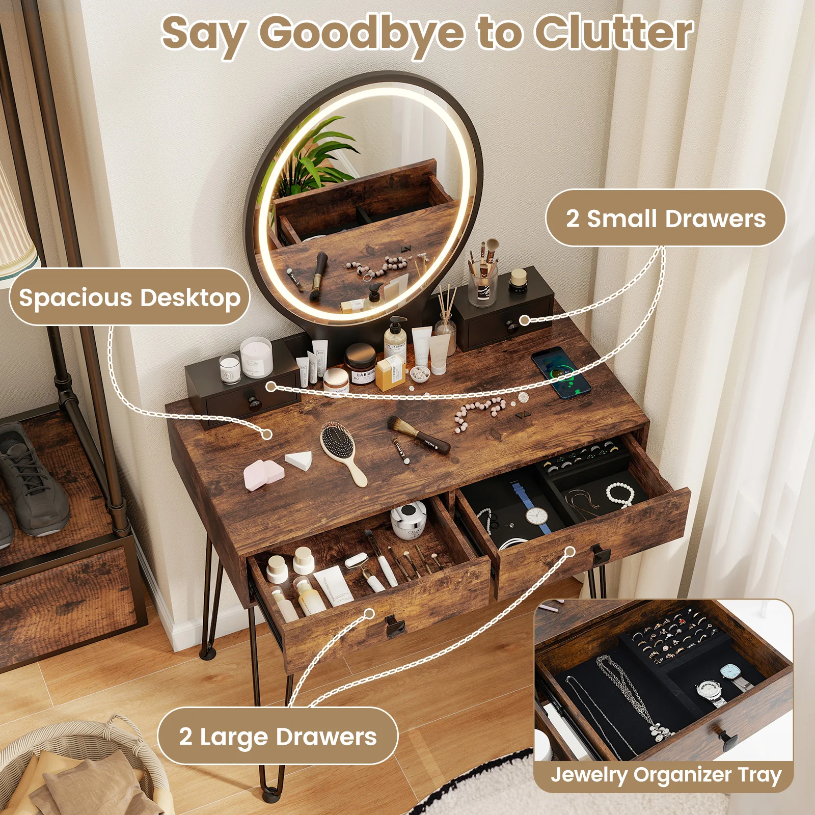 Vanity Table Set With 3-Color Lighted Dimmable Mirror, Brown - Image 7
