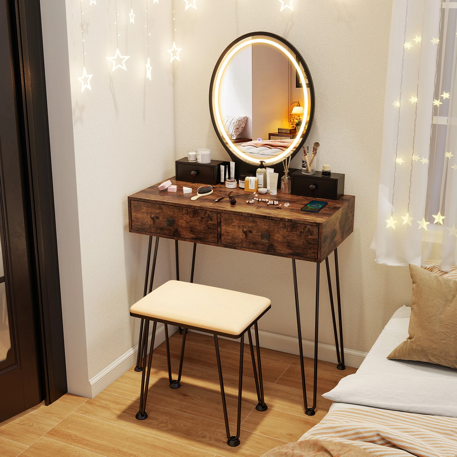 Vanity Table Set With 3-Color Lighted Dimmable Mirror, Brown - Image 9