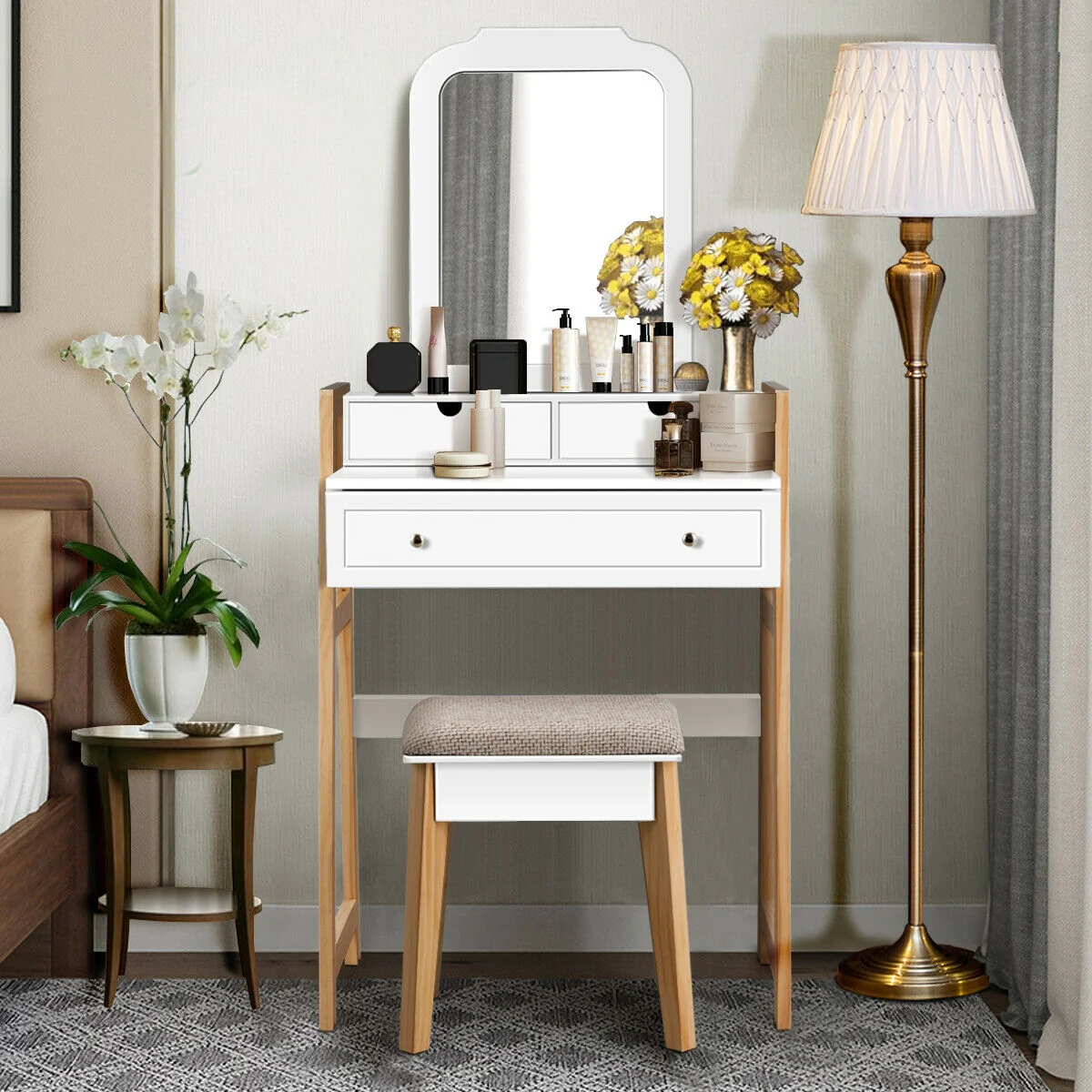 Vanity Table Set With Cushioned Stool, Large Mirror, White - Image 3