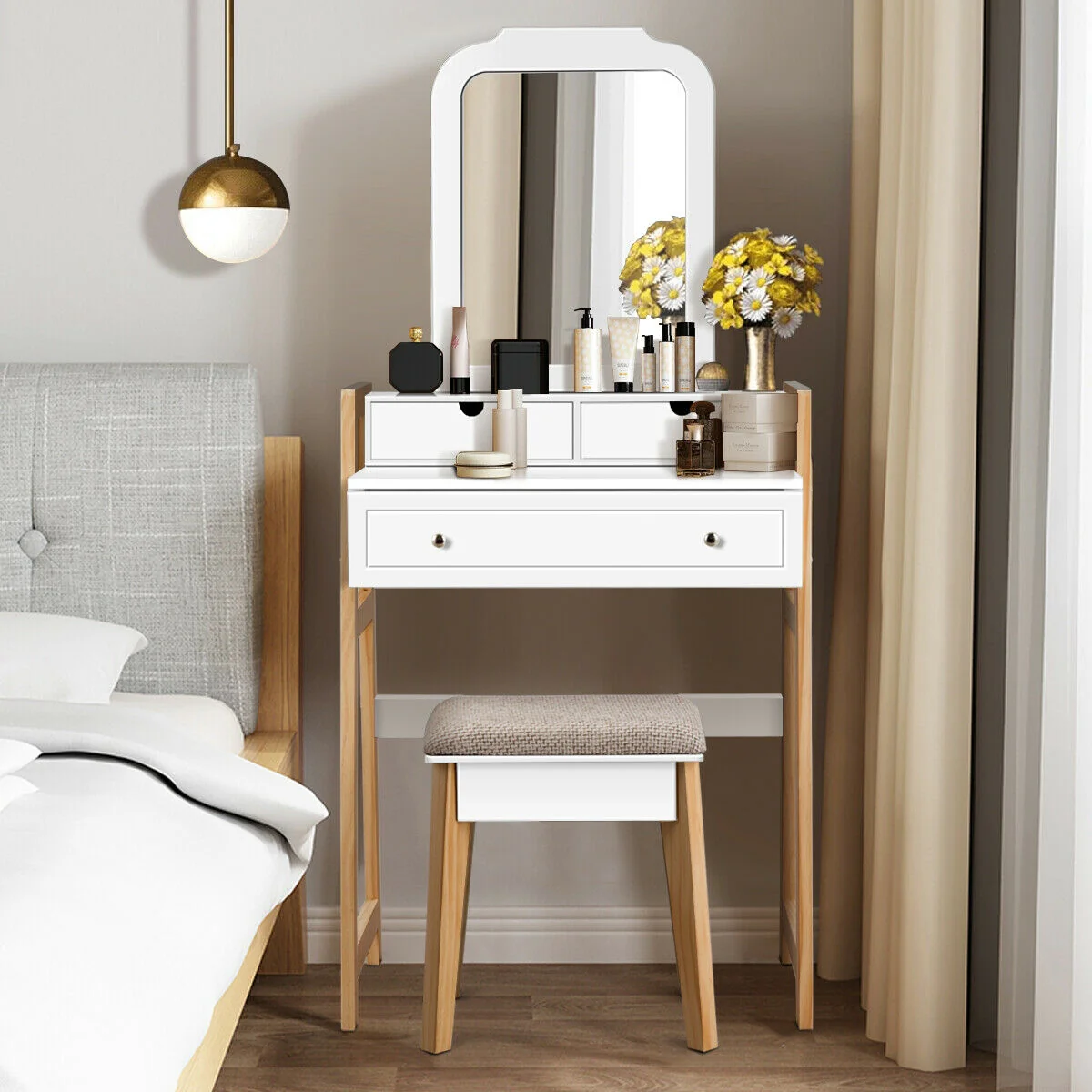 Vanity Table Set With Cushioned Stool, Large Mirror, White - Image 4