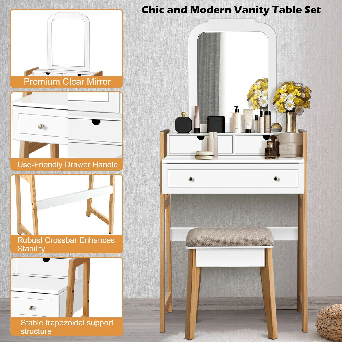 Vanity Table Set With Cushioned Stool, Large Mirror, White - Image 9