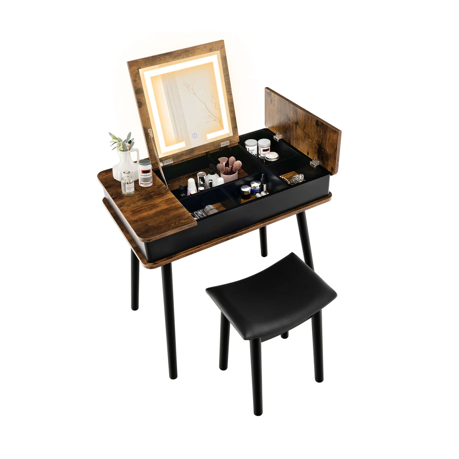 Vanity Table Set With Flip Top Mirror Lights, USB Writing Desk And Stool, Brown
