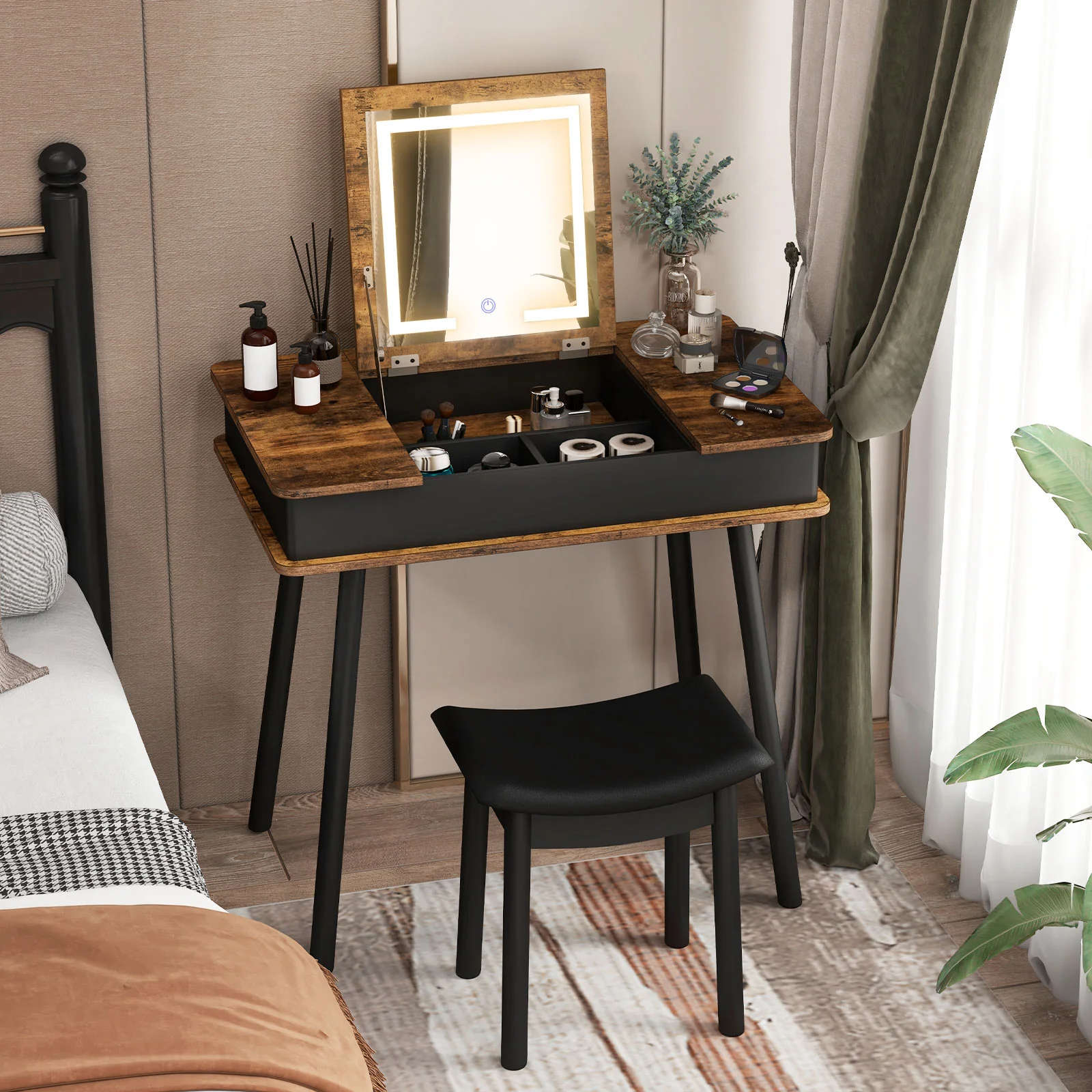 Vanity Table Set With Flip Top Mirror Lights, USB Writing Desk And Stool, Brown - Image 2