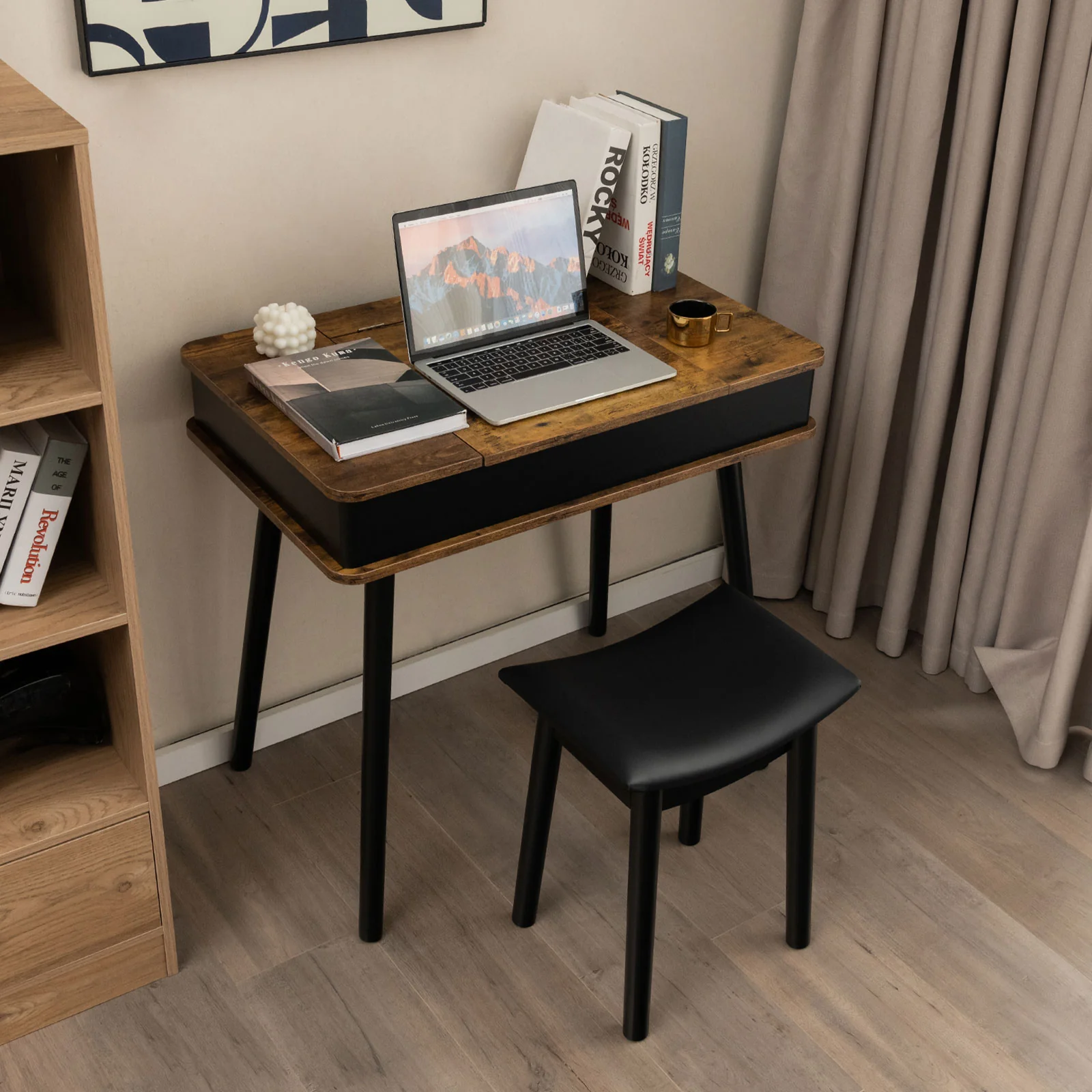 Vanity Table Set With Flip Top Mirror Lights, USB Writing Desk And Stool, Brown - Image 3