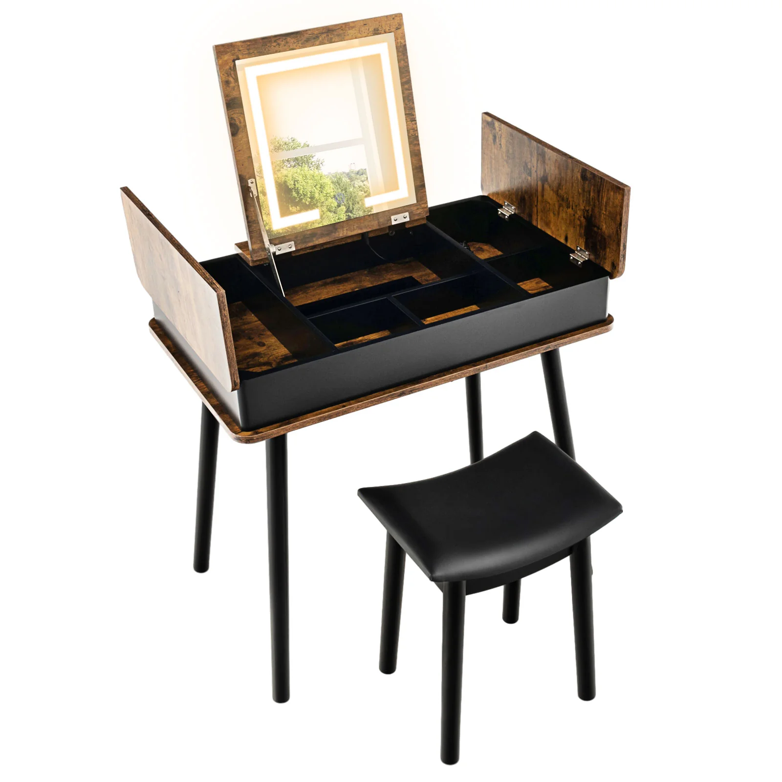 Vanity Table Set With Flip Top Mirror Lights, USB Writing Desk And Stool, Brown - Image 5