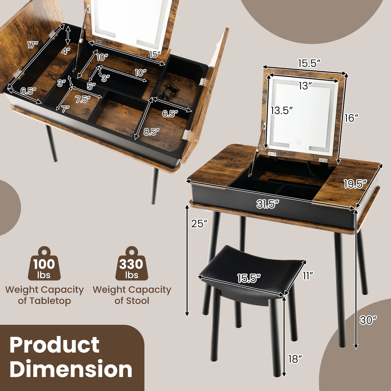 Vanity Table Set With Flip Top Mirror Lights, USB Writing Desk And Stool, Brown - Image 6