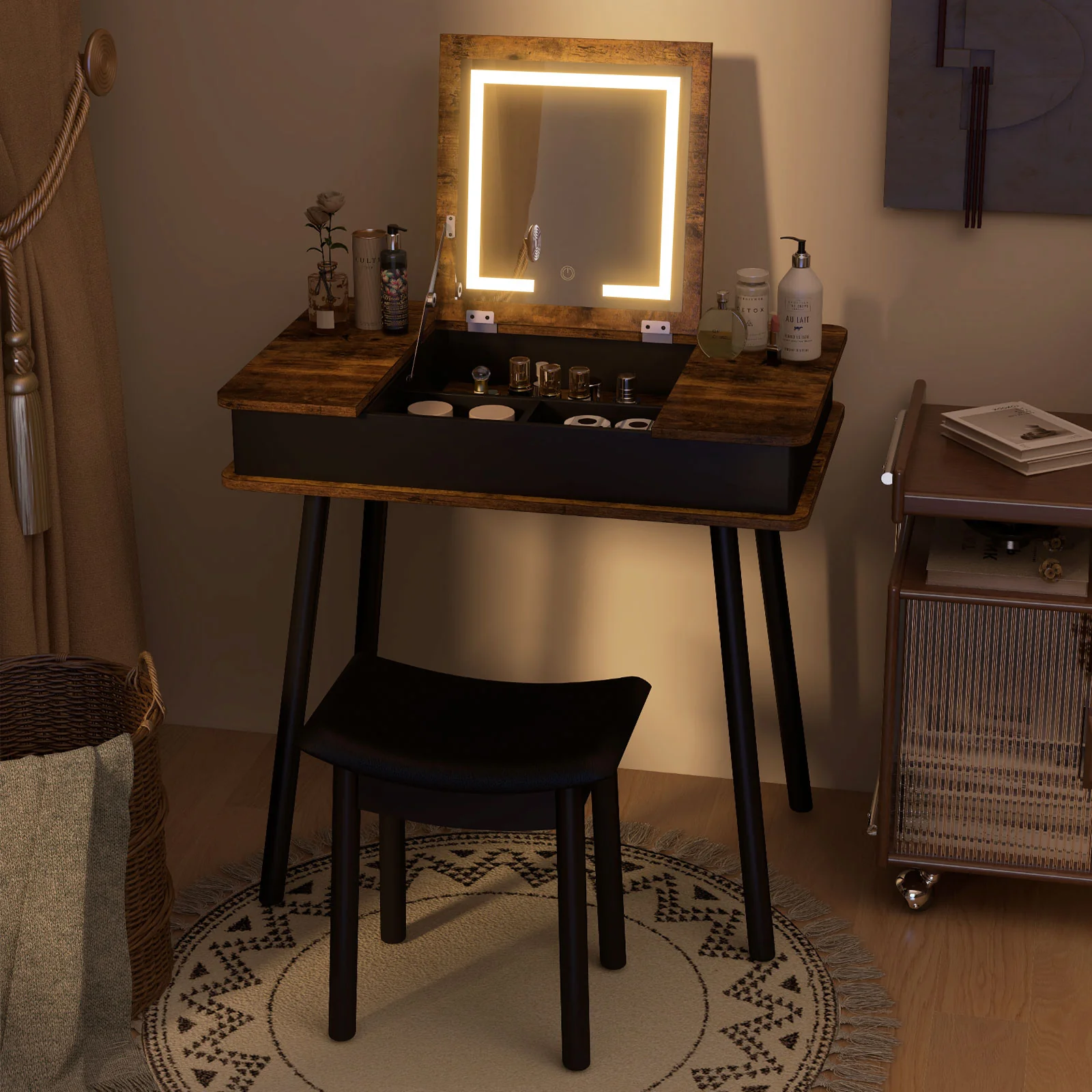 Vanity Table Set With Flip Top Mirror Lights, USB Writing Desk And Stool, Brown - Image 7