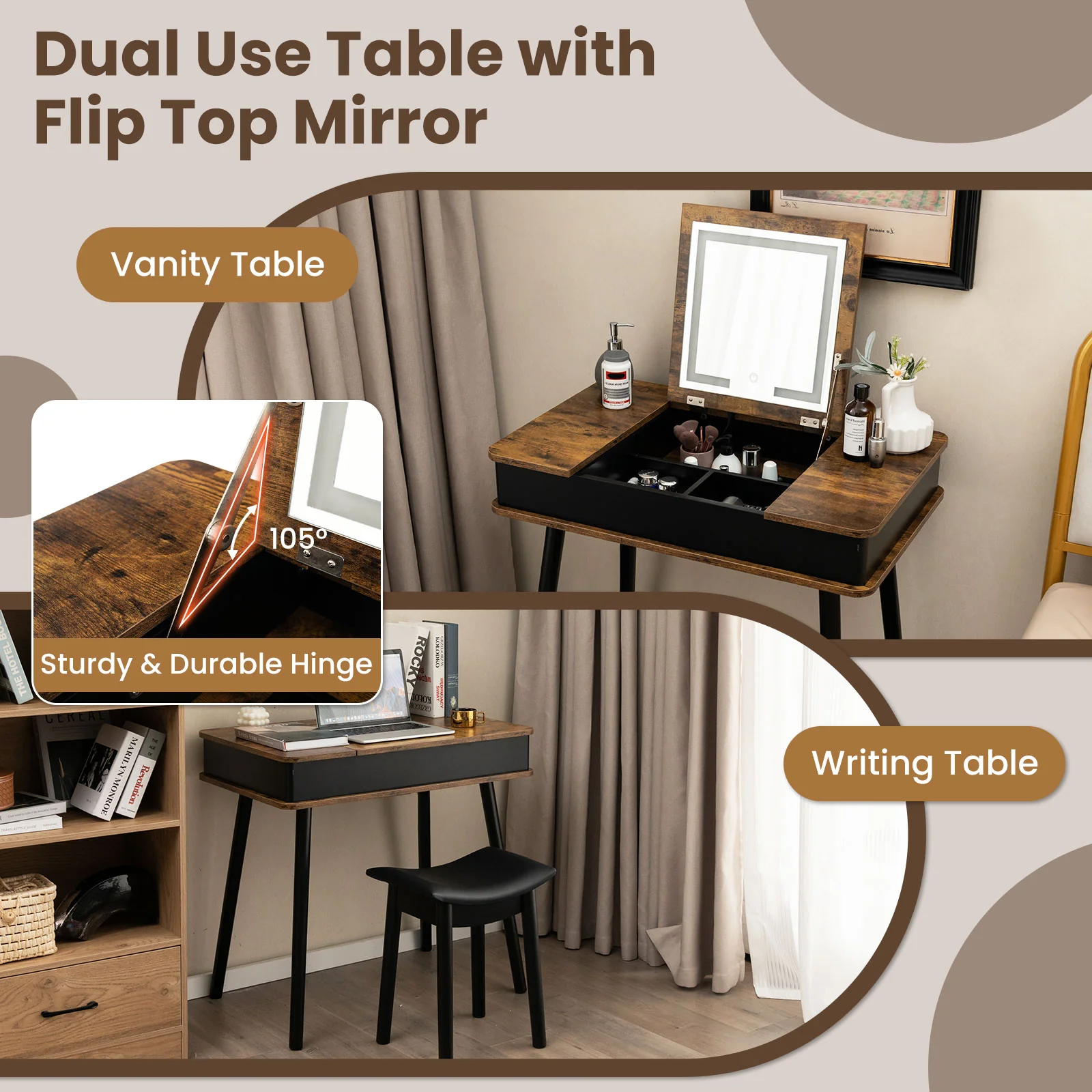Vanity Table Set With Flip Top Mirror Lights, USB Writing Desk And Stool, Brown - Image 8