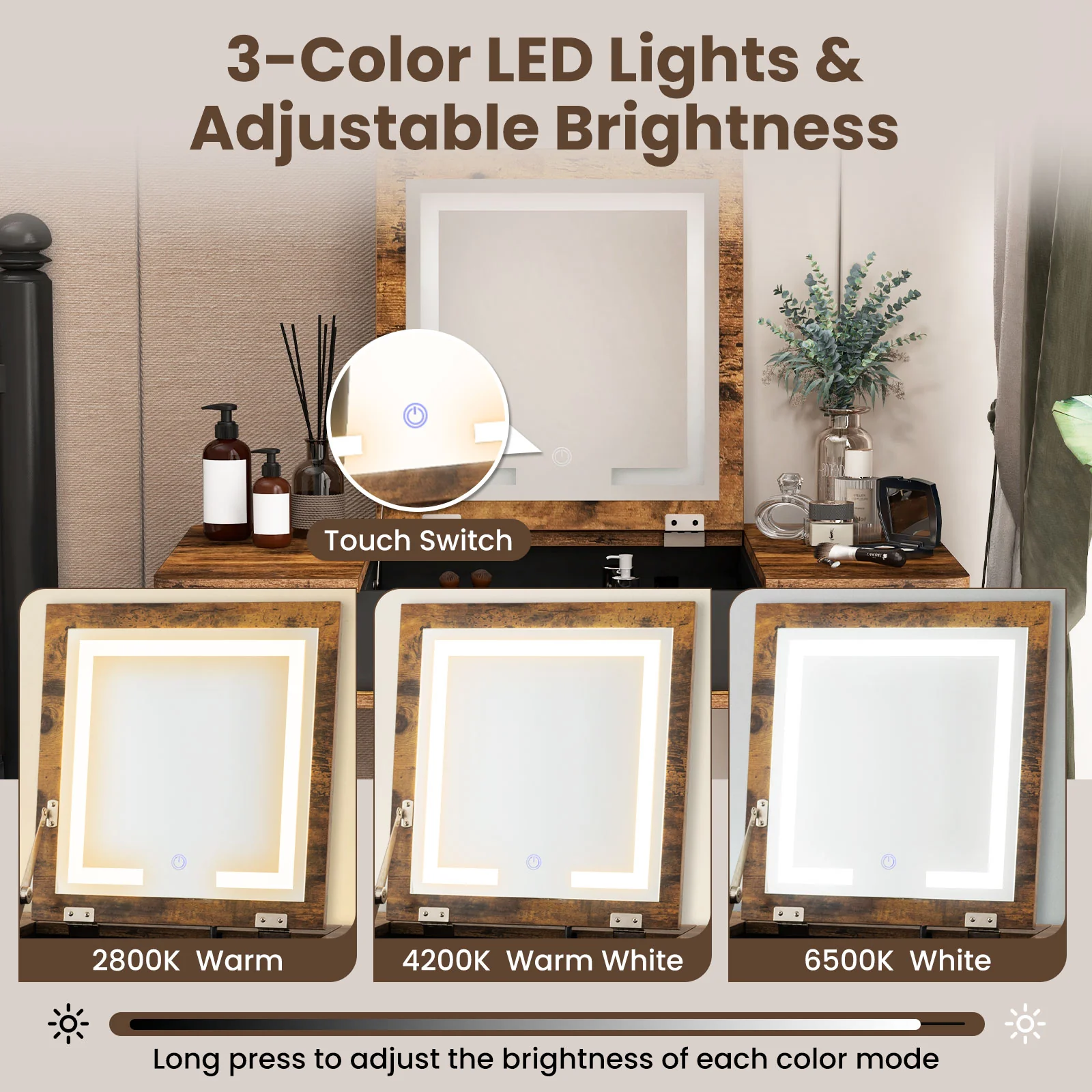 Vanity Table Set With Flip Top Mirror Lights, USB Writing Desk And Stool, Brown - Image 9
