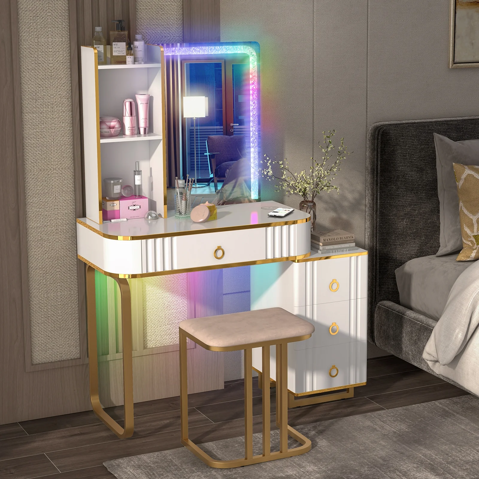 Vanity Table Set With LED Lights, Wireless Charging Station, White - Image 3