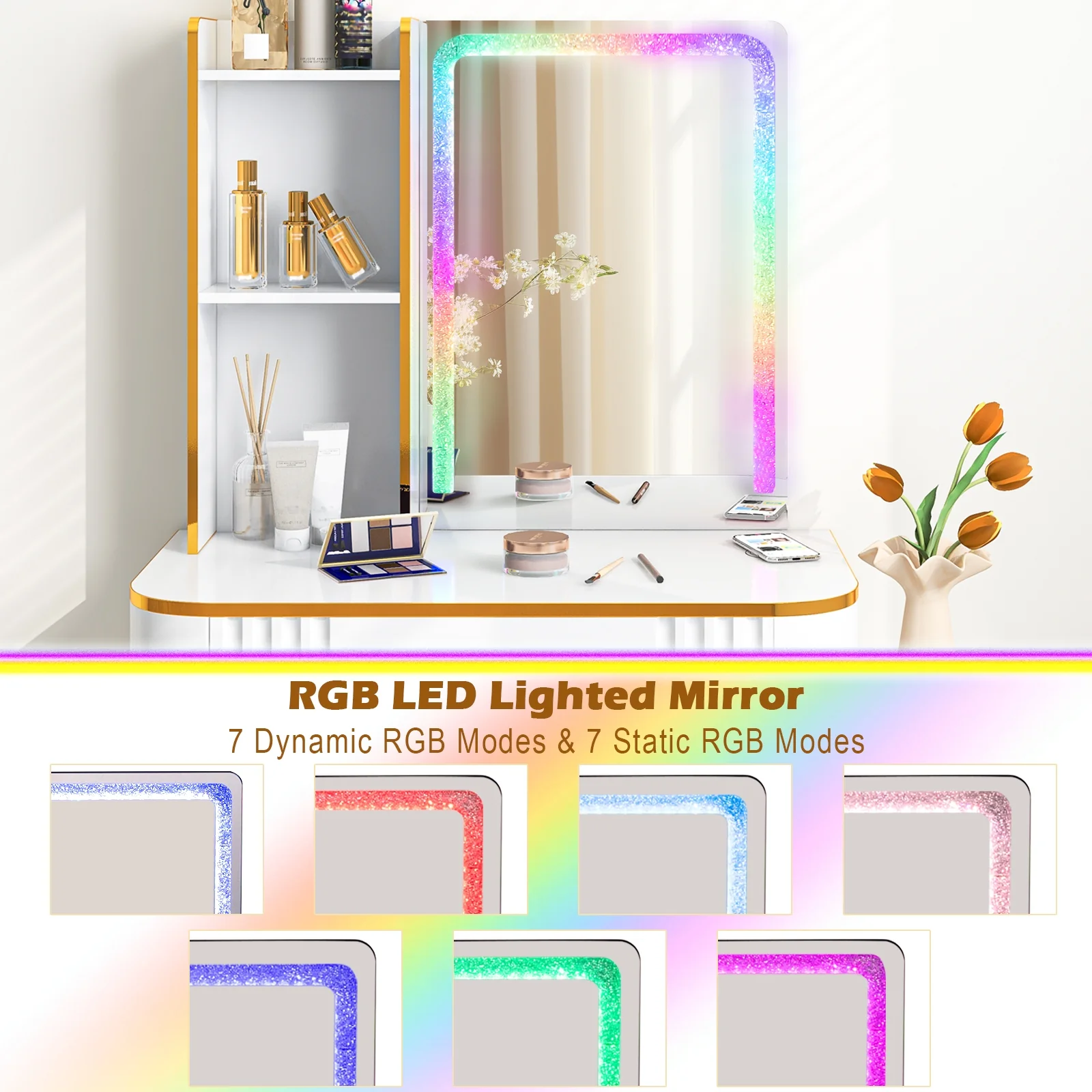 Vanity Table Set With LED Lights, Wireless Charging Station, White - Image 8