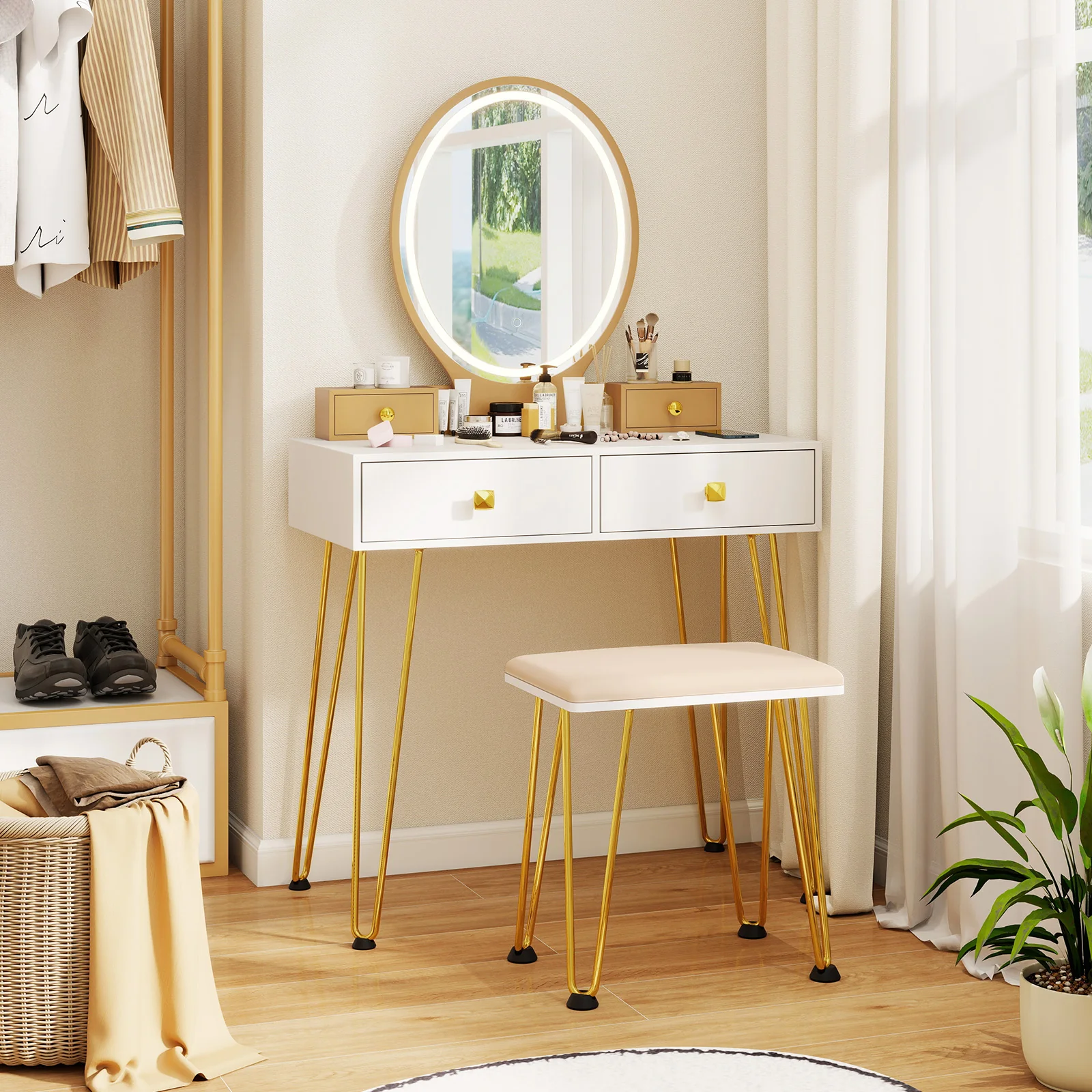 Vanity Table Set With Lighted Dimmable Mirror, White, 3-Color - Image 2