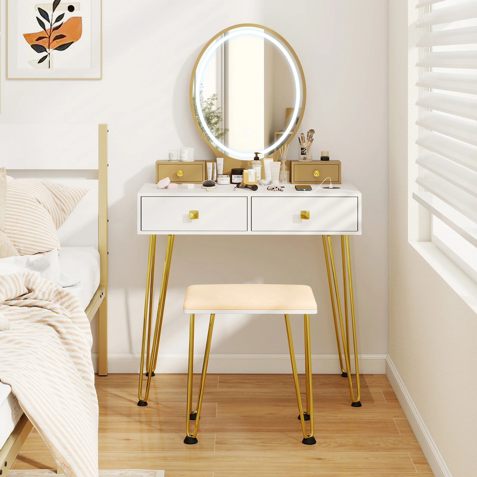 Vanity Table Set With Lighted Dimmable Mirror, White, 3-Color - Image 3