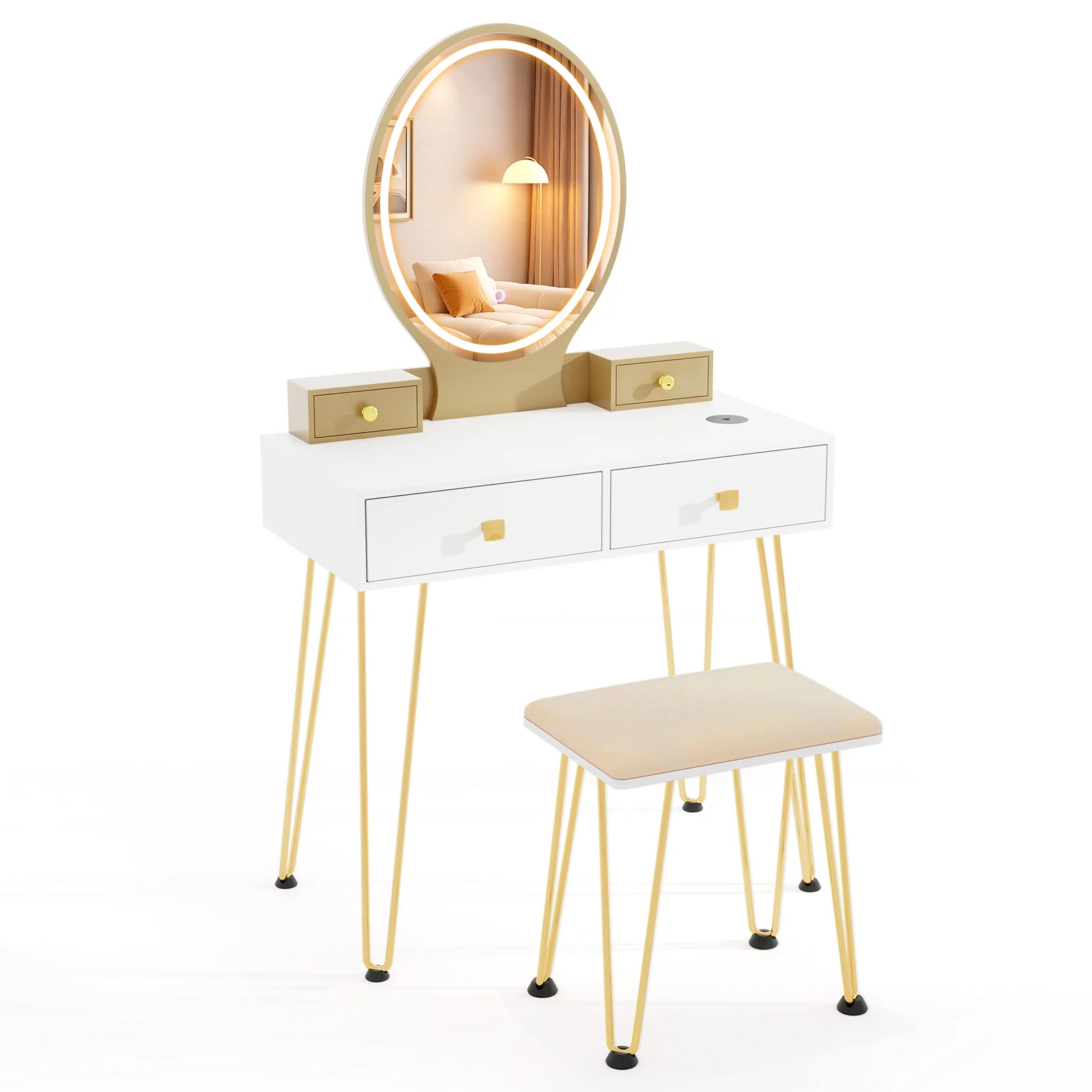 Vanity Table Set With Lighted Dimmable Mirror, White, 3-Color - Image 4