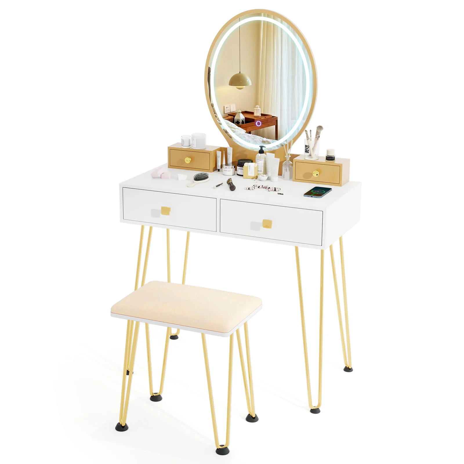 Vanity Table Set With Lighted Dimmable Mirror, White, 3-Color - Image 5