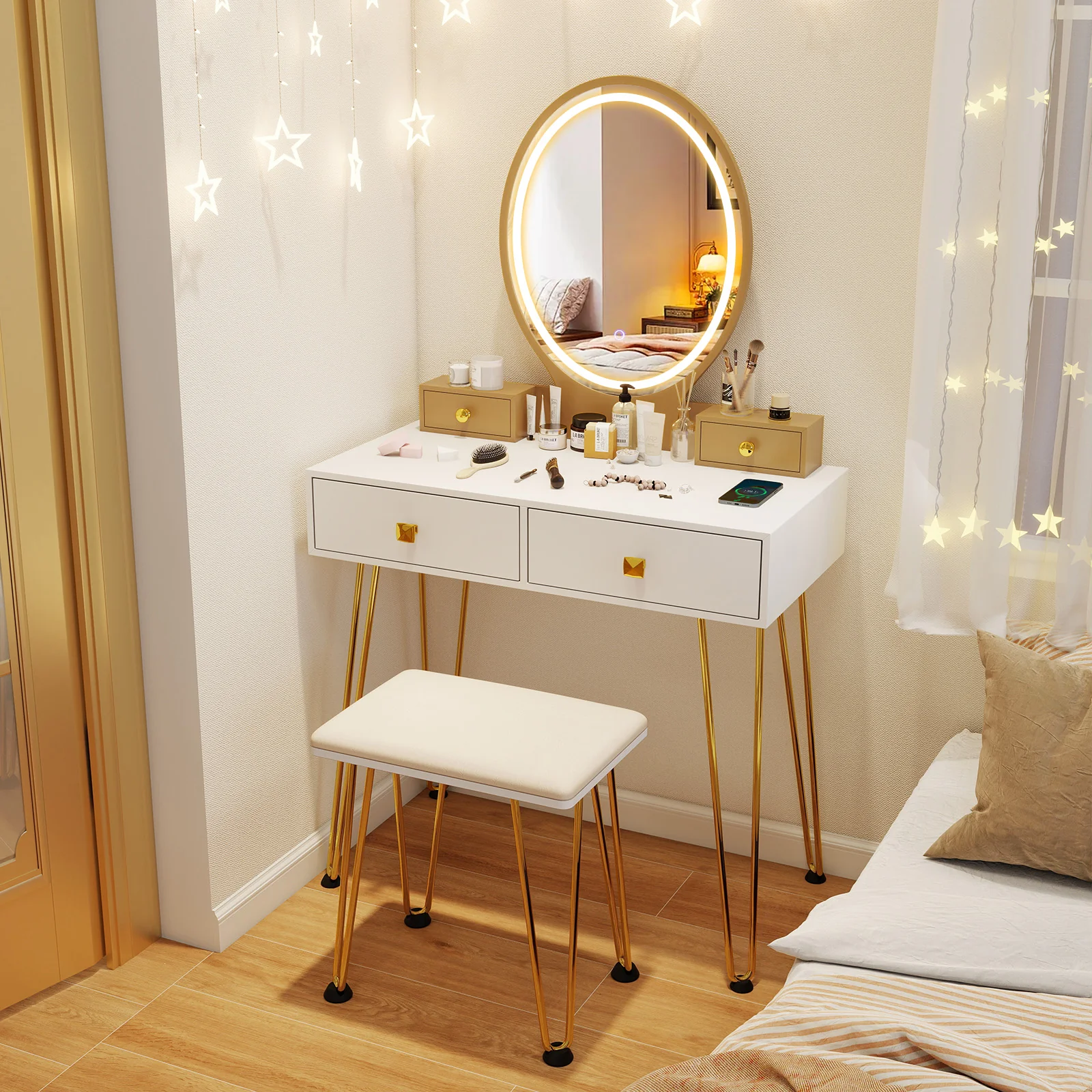 Vanity Table Set With Lighted Dimmable Mirror, White, 3-Color - Image 7