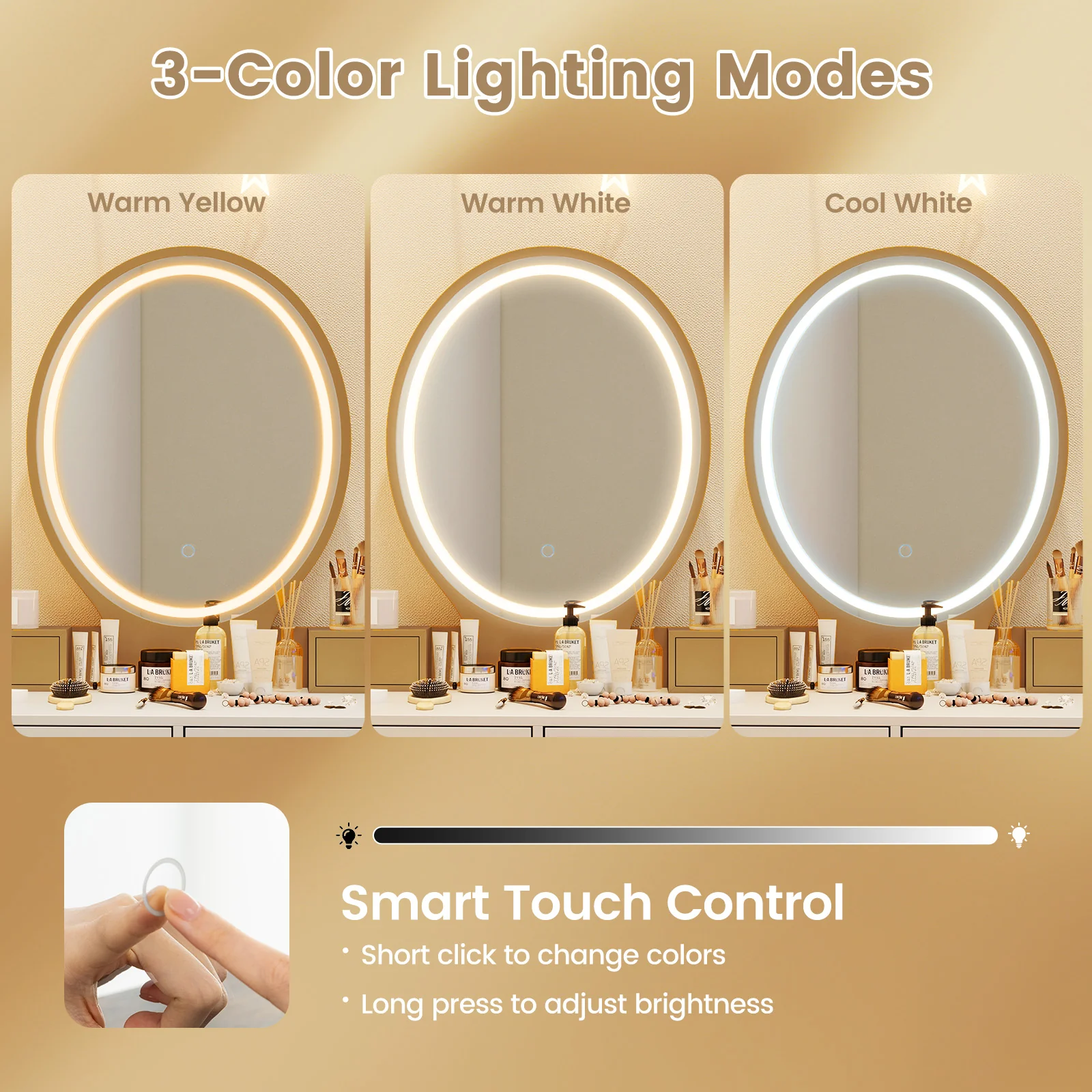 Vanity Table Set With Lighted Dimmable Mirror, White, 3-Color - Image 8