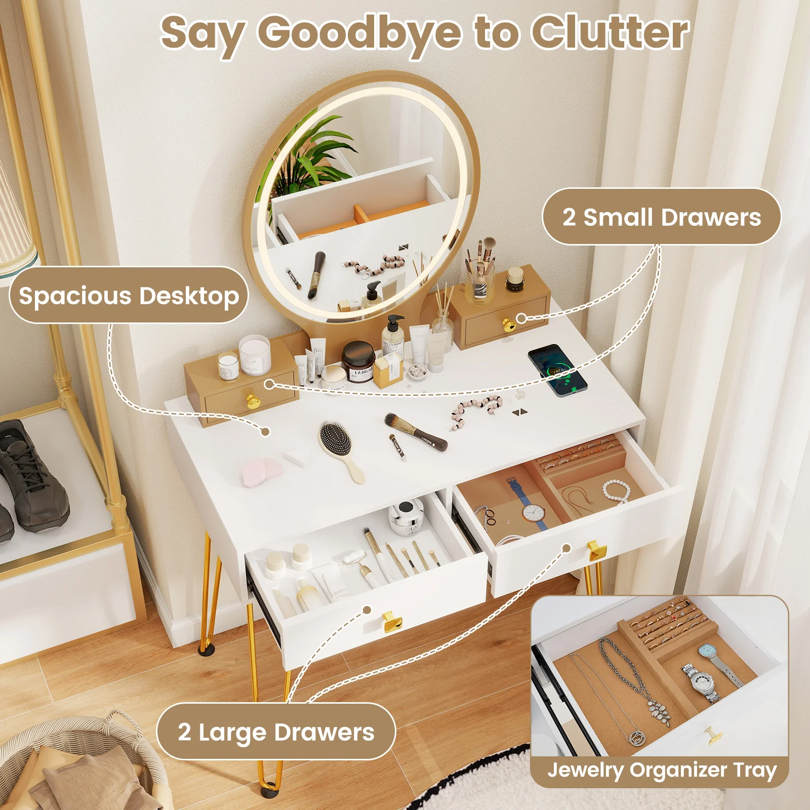 Vanity Table Set With Lighted Dimmable Mirror, White, 3-Color - Image 9