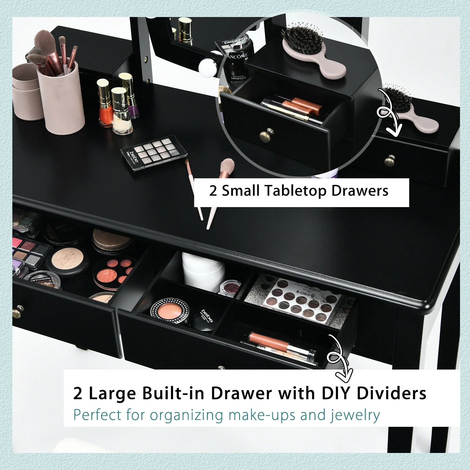 Vanity Table Set With Lighted Mirror, Black - Image 10