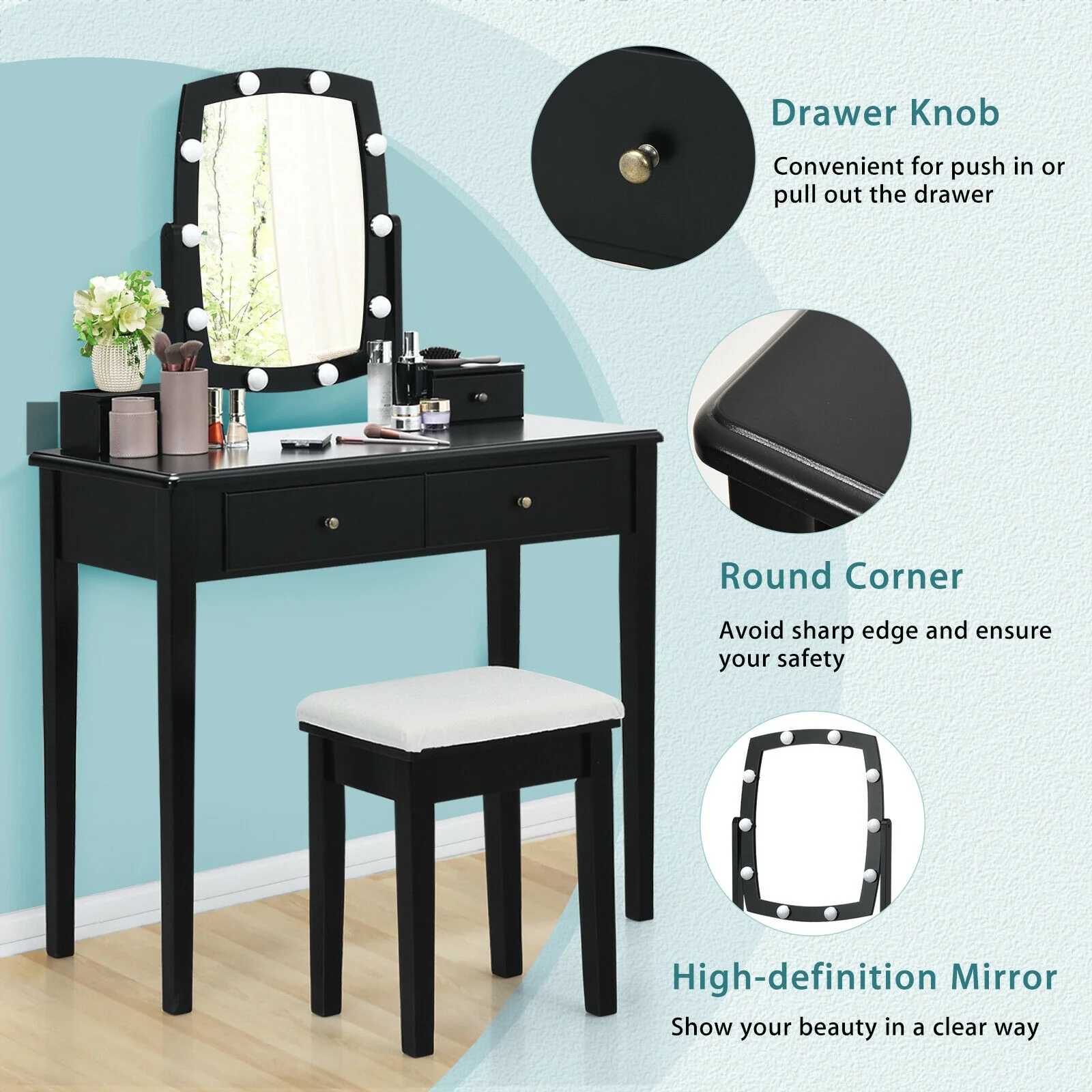 Vanity Table Set With Lighted Mirror, Black - Image 6