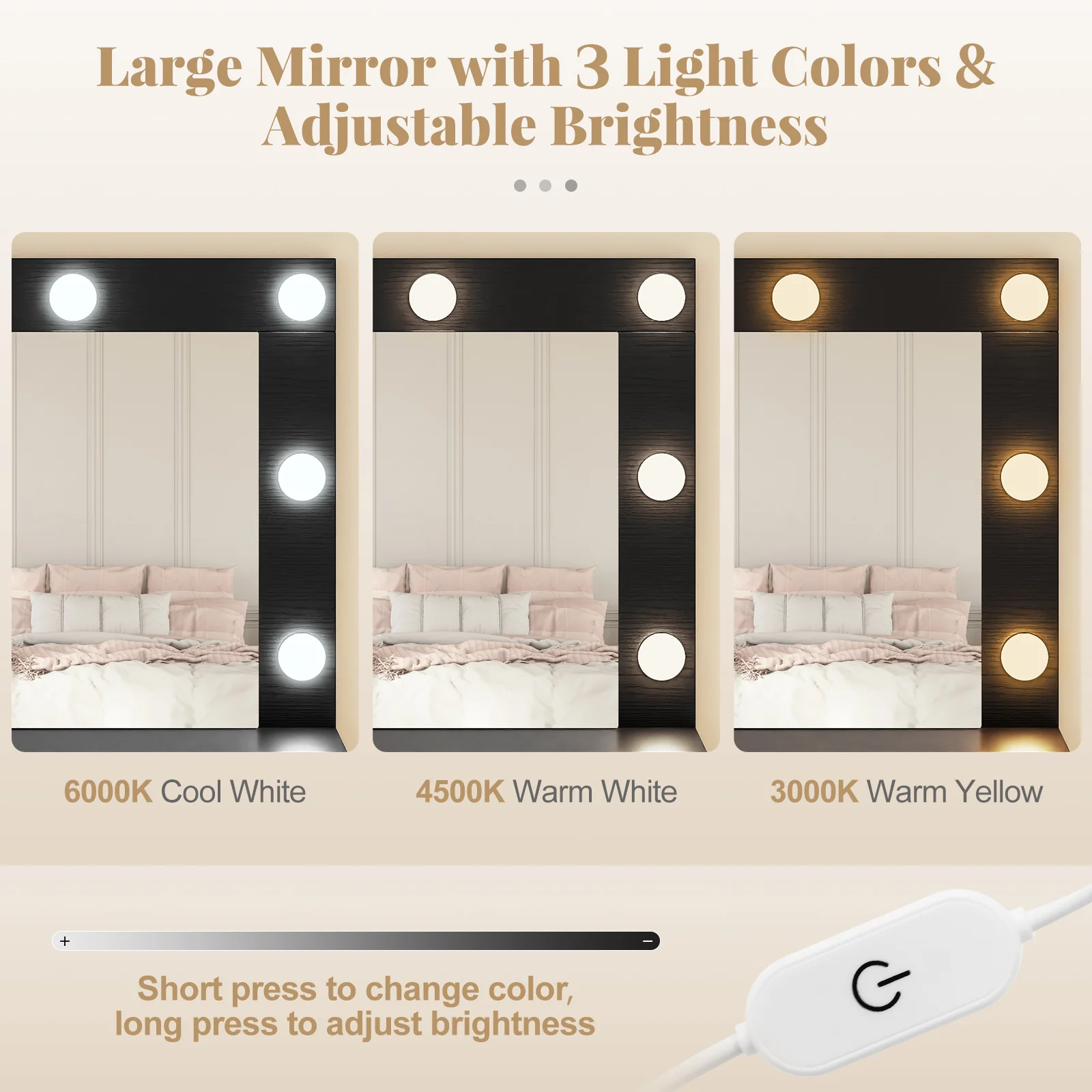 Vanity Table Set With Lighted Mirror, Cushion Stool, Black - Image 10