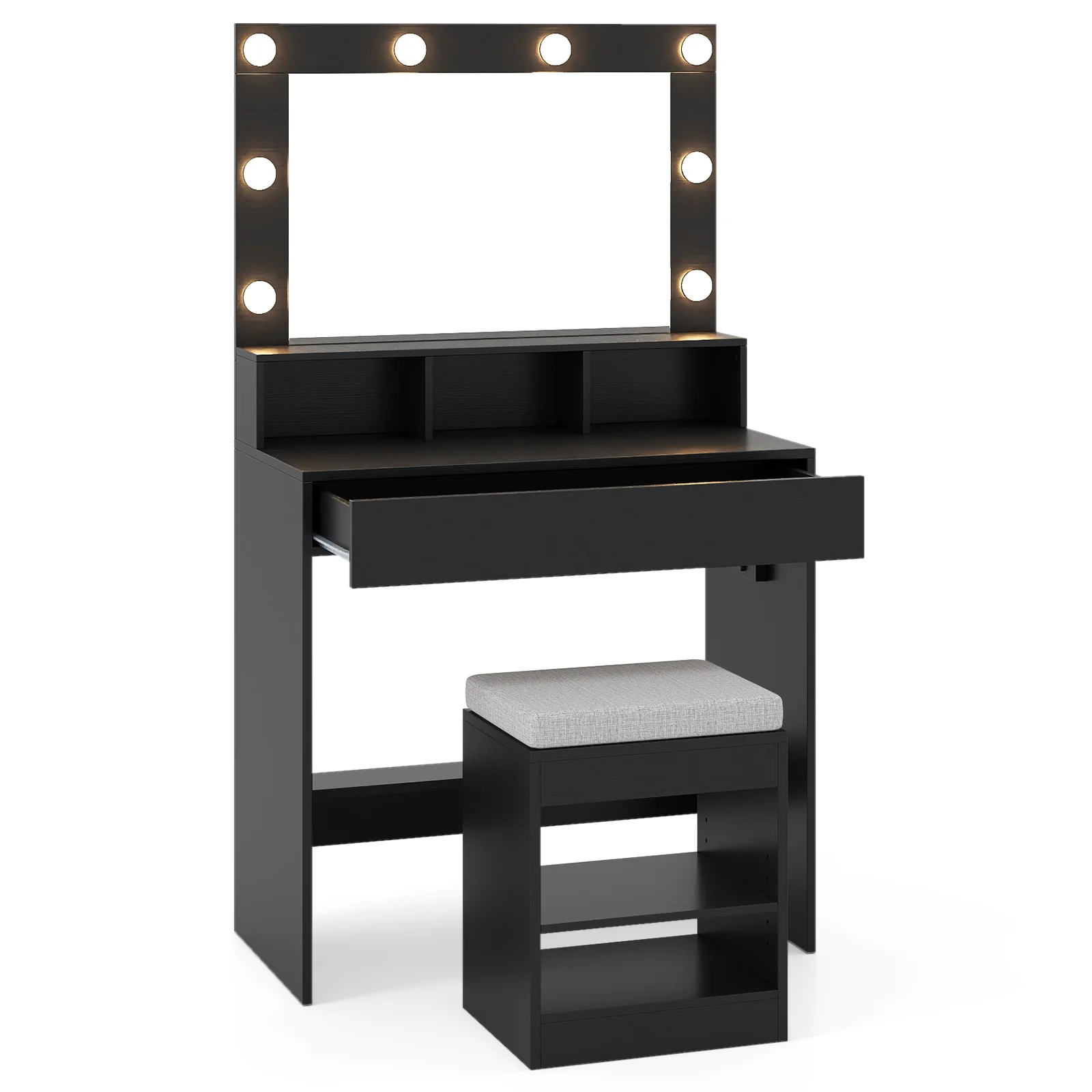 Vanity Table Set With Lighted Mirror, Cushion Stool, Black - Image 4