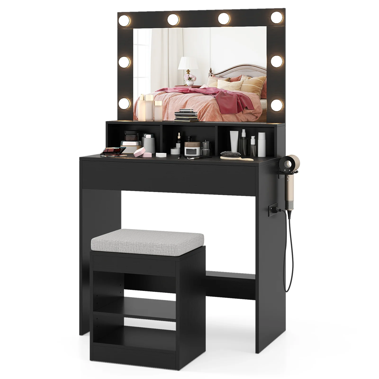 Vanity Table Set With Lighted Mirror, Cushion Stool, Black - Image 5