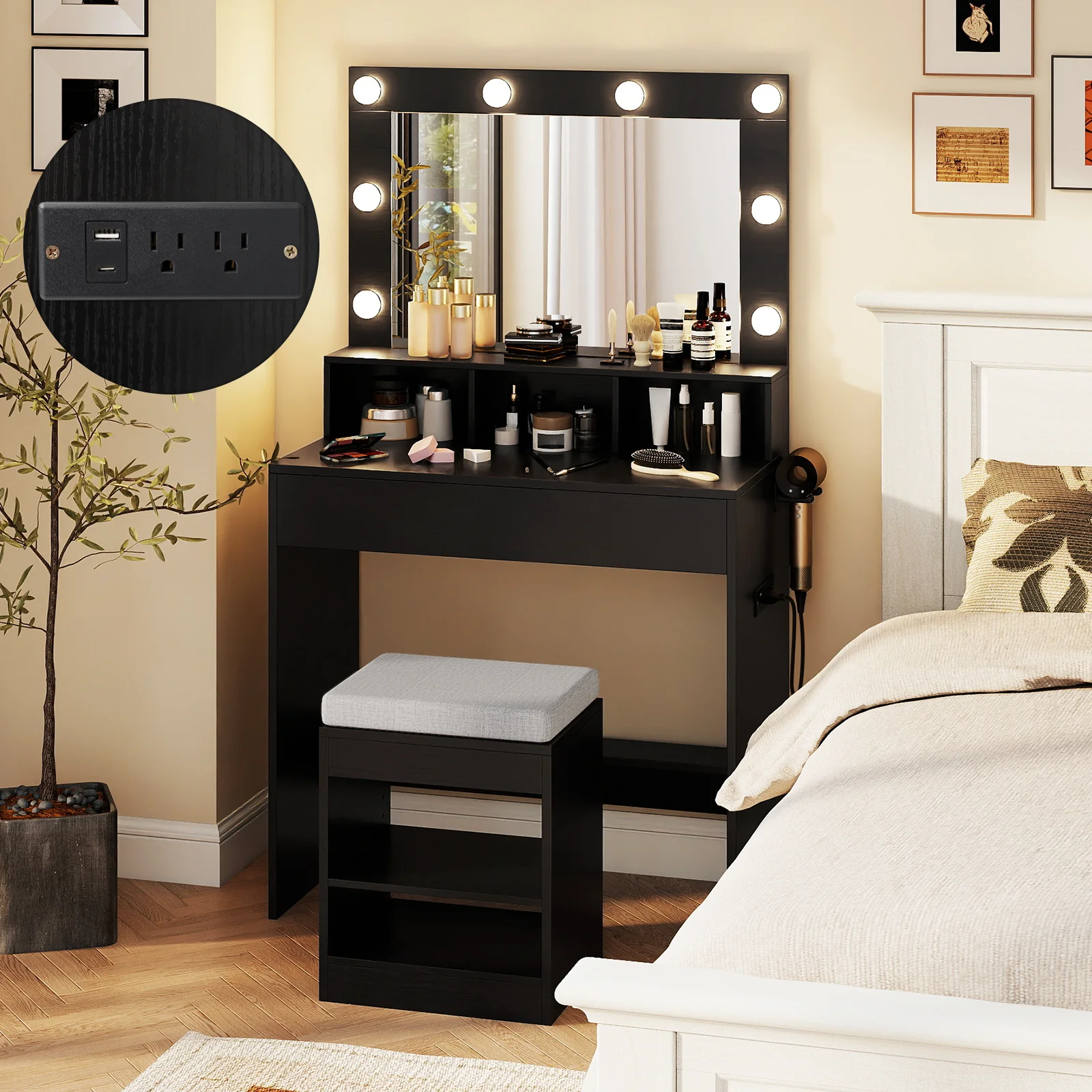 Vanity Table Set With Lighted Mirror, Cushion Stool, Black - Image 7