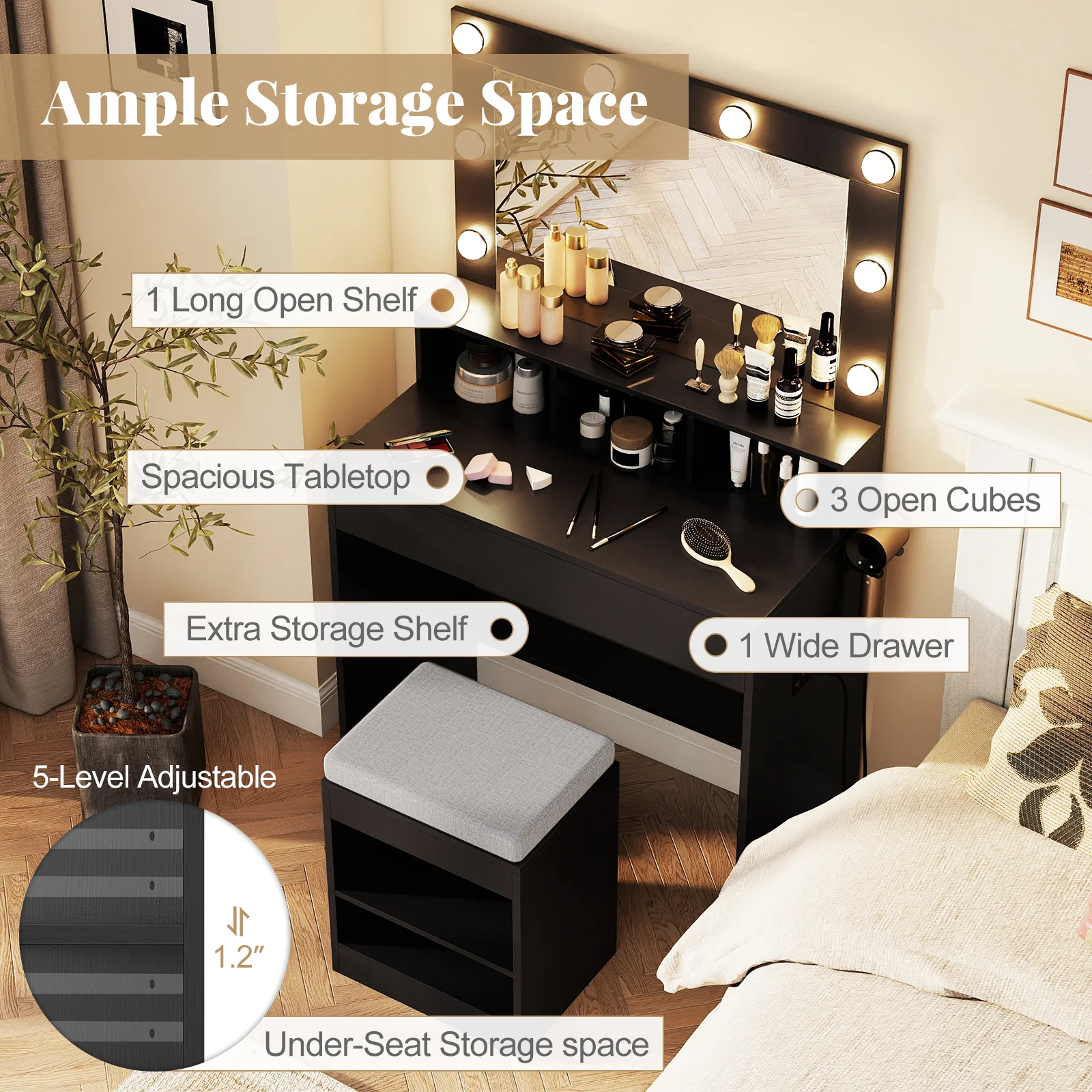 Vanity Table Set With Lighted Mirror, Cushion Stool, Black - Image 9