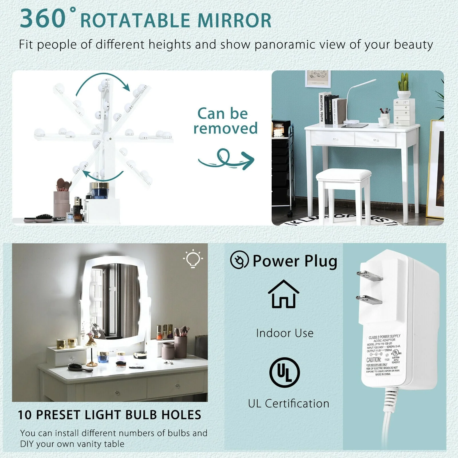 Vanity Table Set With Lighted Mirror, White - Image 3