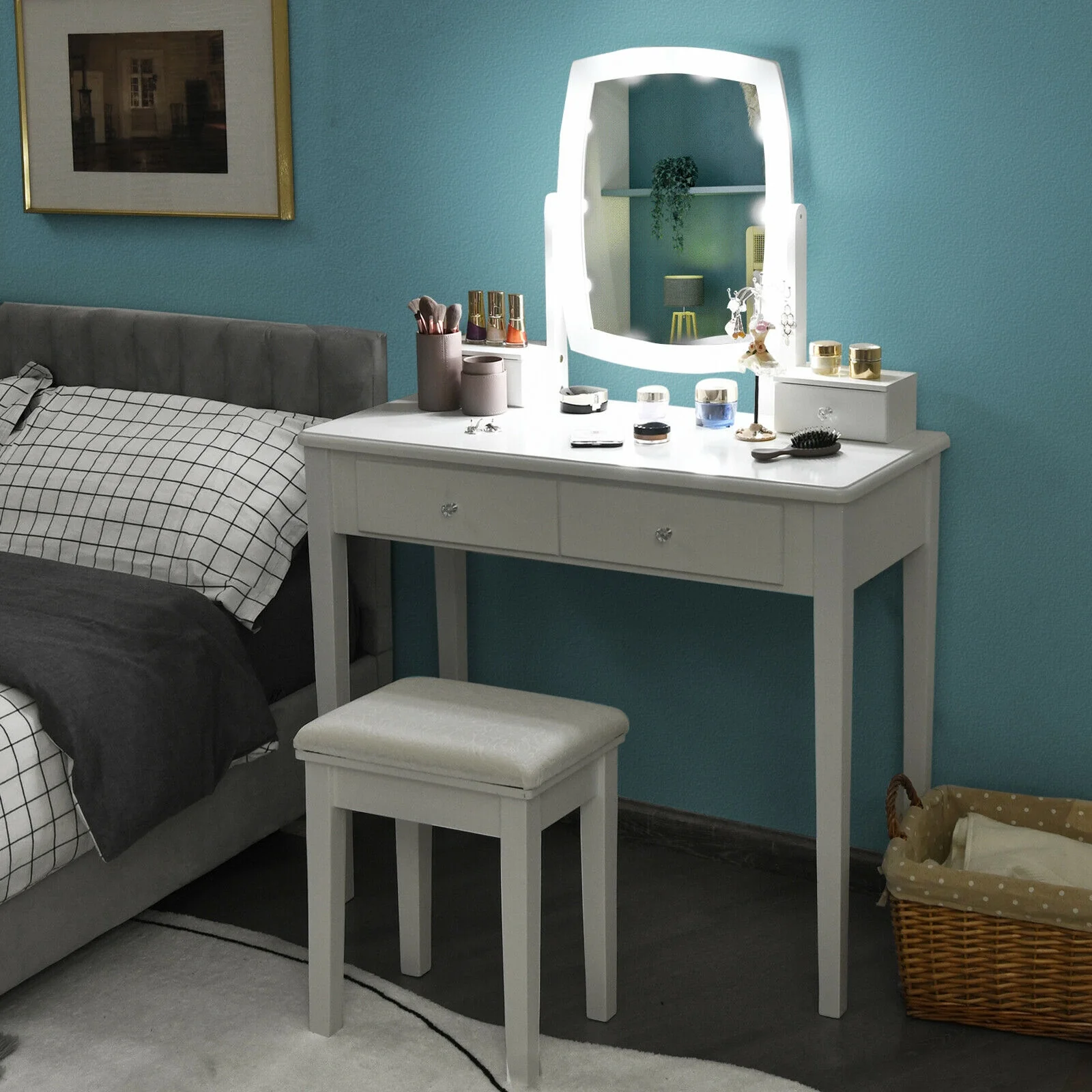 Vanity Table Set With Lighted Mirror, White - Image 7