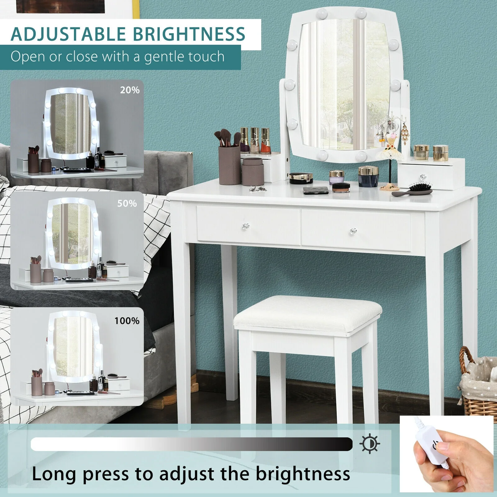 Vanity Table Set With Lighted Mirror, White - Image 9