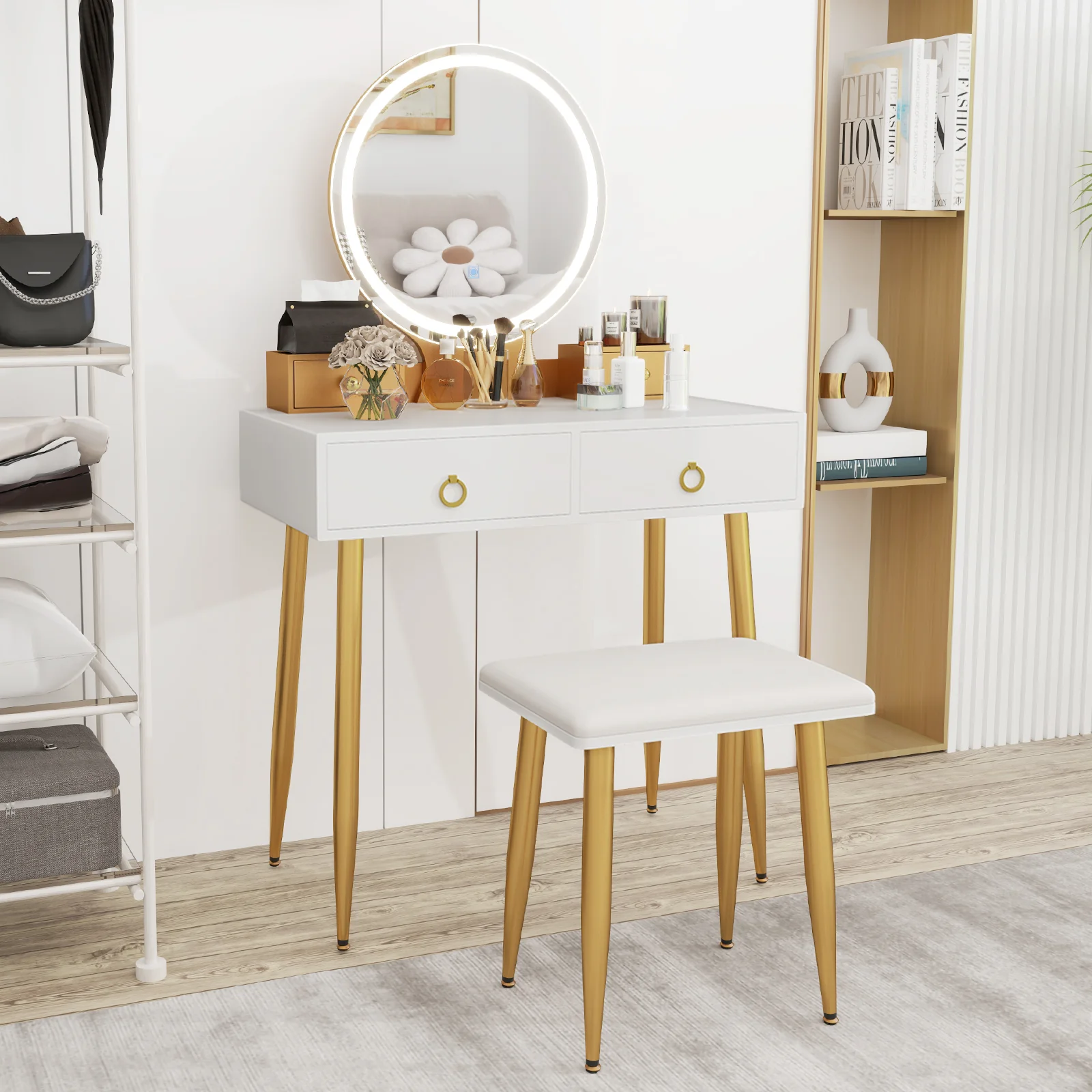 Vanity Table Set With Mirror, White - Image 7
