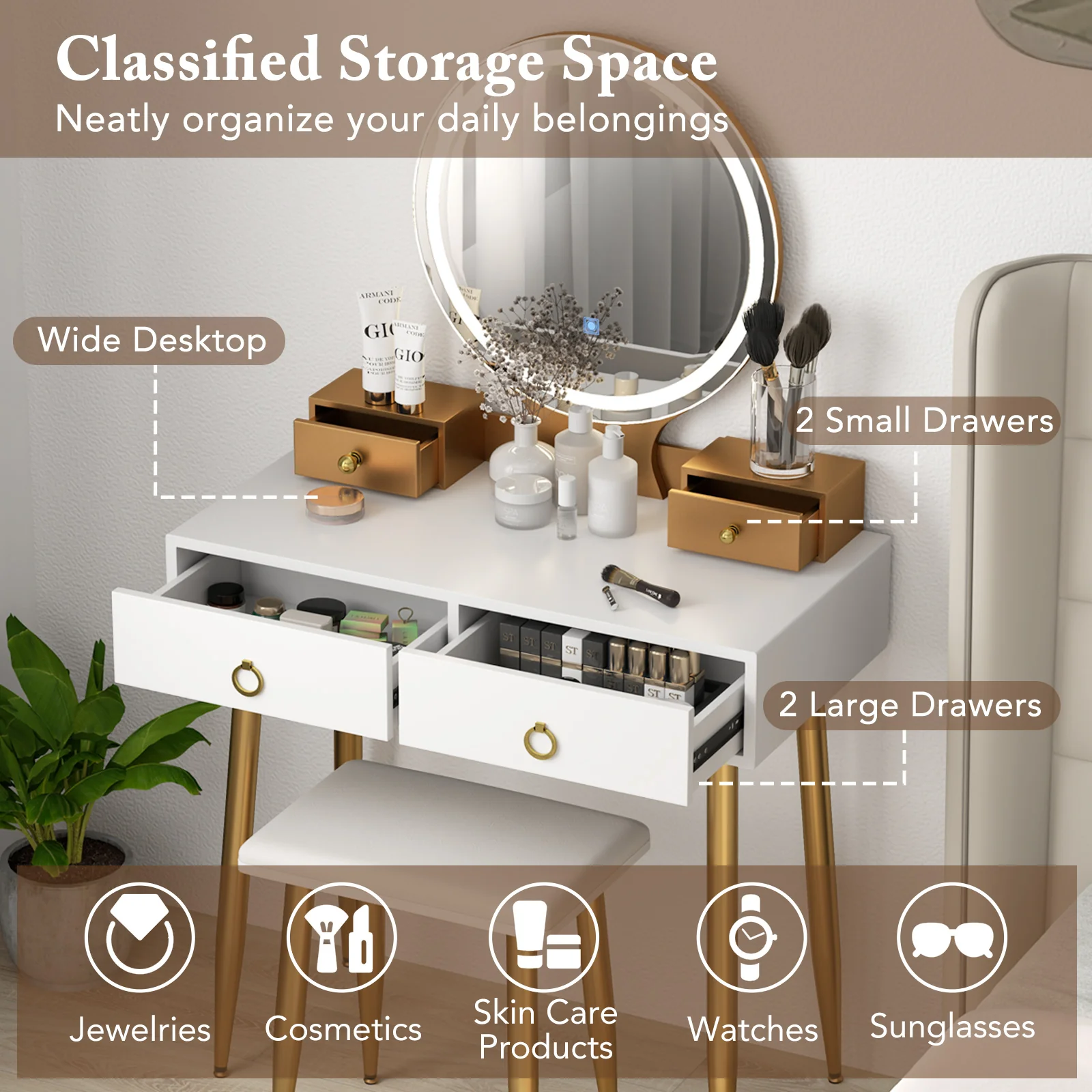 Vanity Table Set With Mirror, White - Image 9